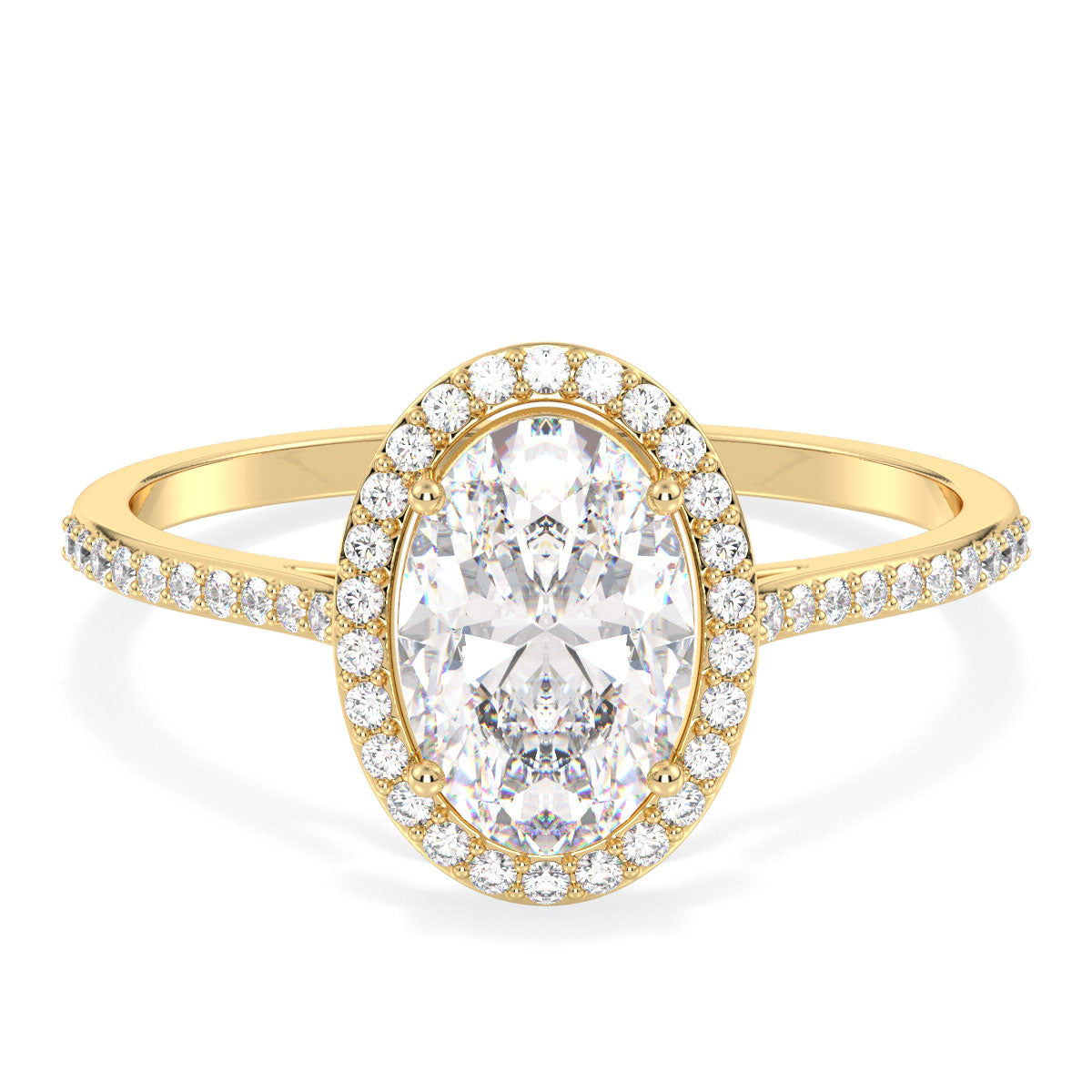 IRENE HALO OVAL CUT LAB GROWN DIAMOND SOLITAIRE ENGAGEMENT RING WITH SIDE STONES, GOLD