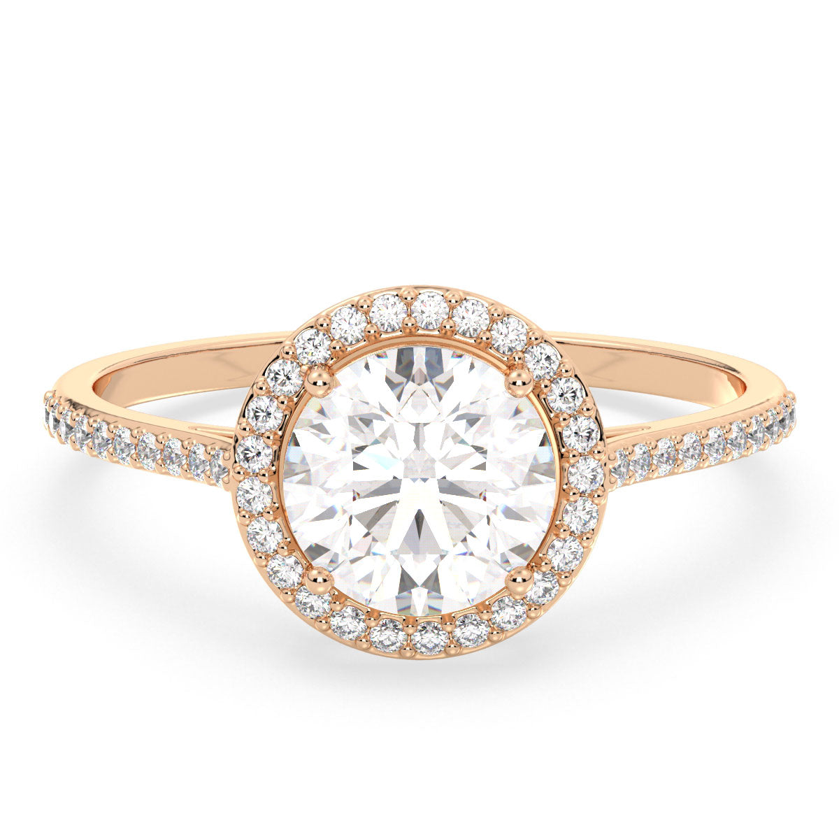 SOPHIA HALO ROUND CUT LAB GROWN DIAMOND SOLITAIRE ENGAGEMENT RING WITH SIDE STONES, GOLD