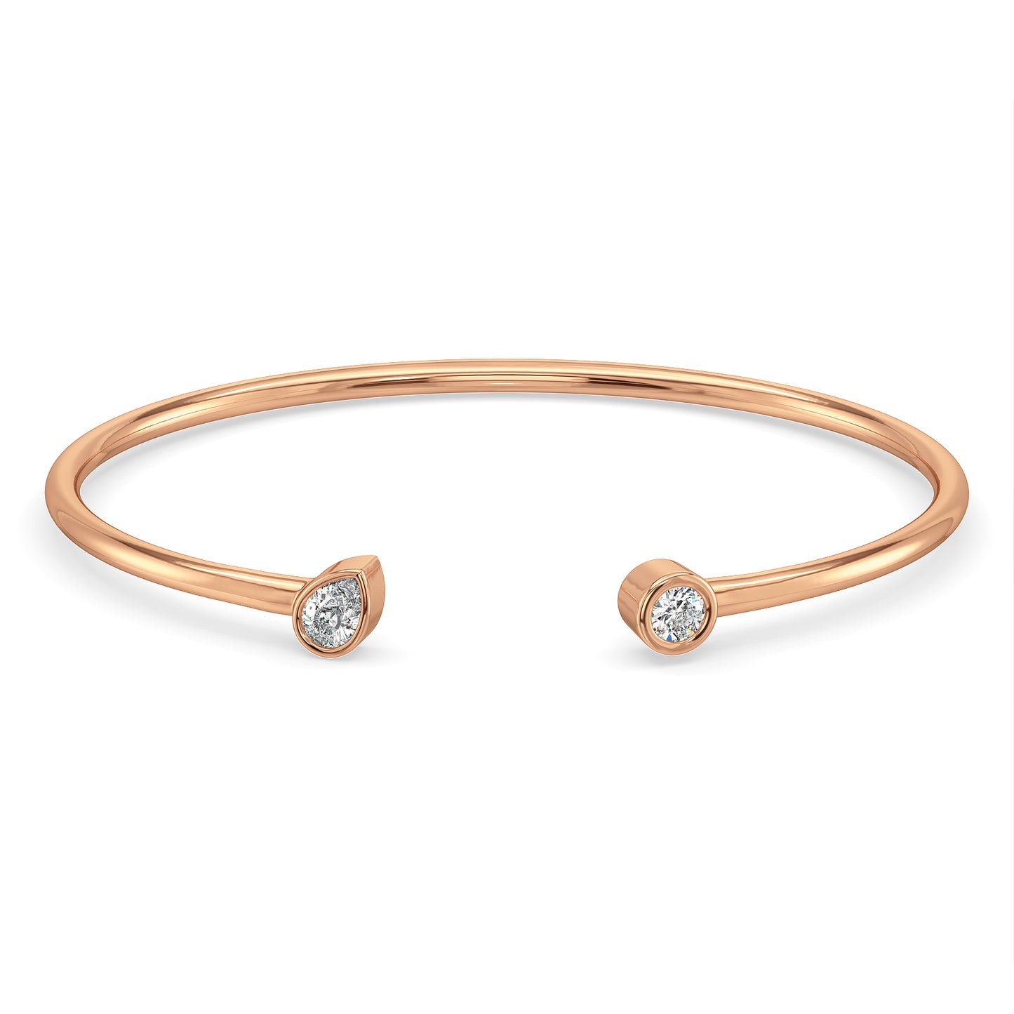 SOPHIA BEZEL SET ROUND AND PEAR CUT LAB GROWN DIAMOND CLASSIC OPEN OVAL BANGLE, GOLD