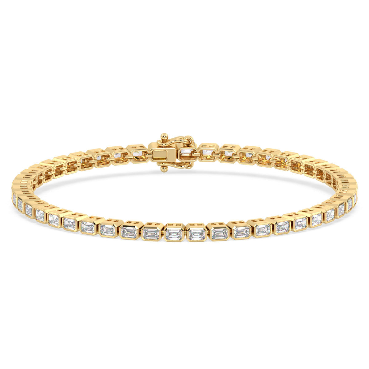 THEODORA BEZEL SET EMERALD CUT LAB GROWN DIAMOND TENNIS BRACELET, GOLD