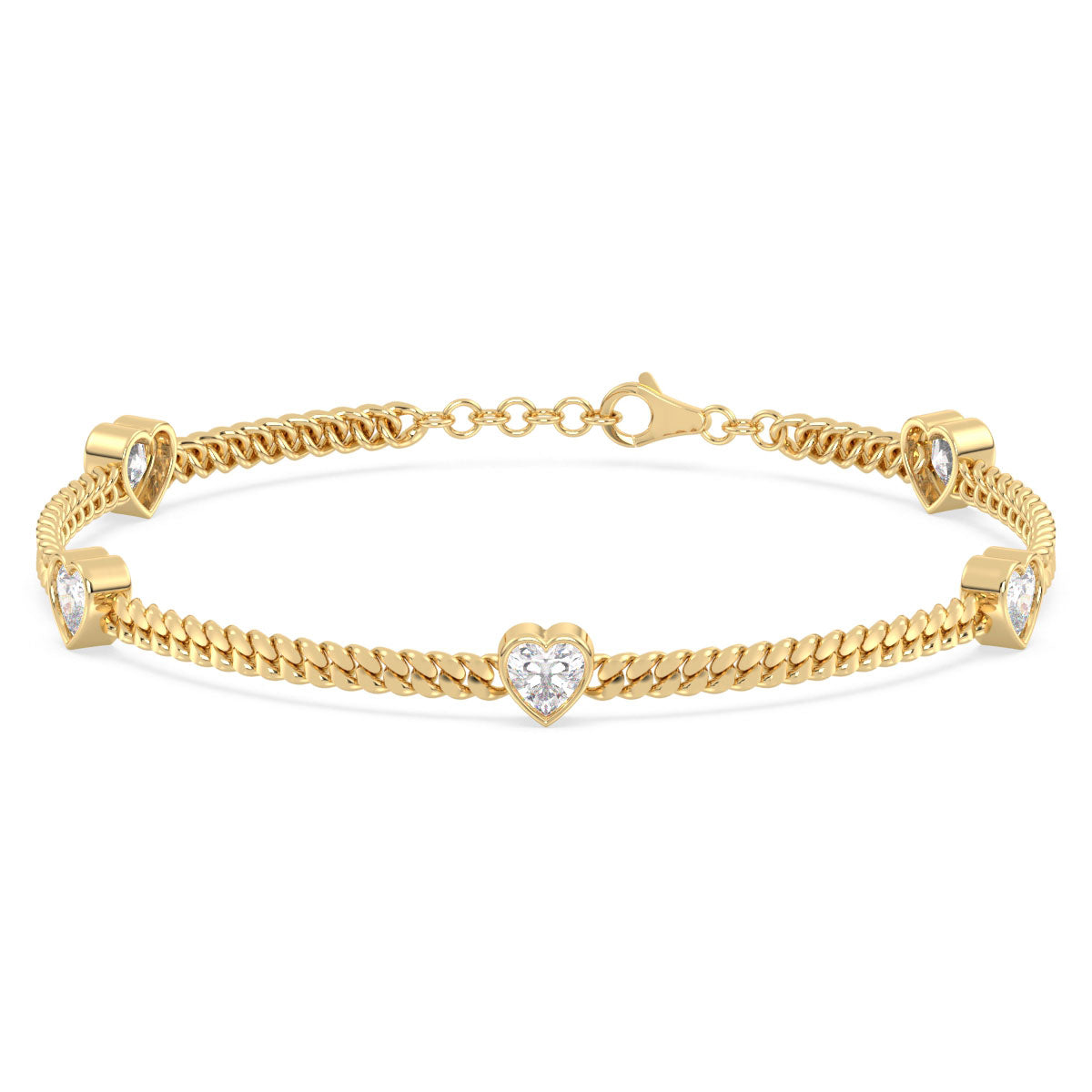 CLEMENCE VALENTINE LOVE HEART CUT LAB GROWN DIAMOND BEZEL SET CUBAN CHAIN, GOLD