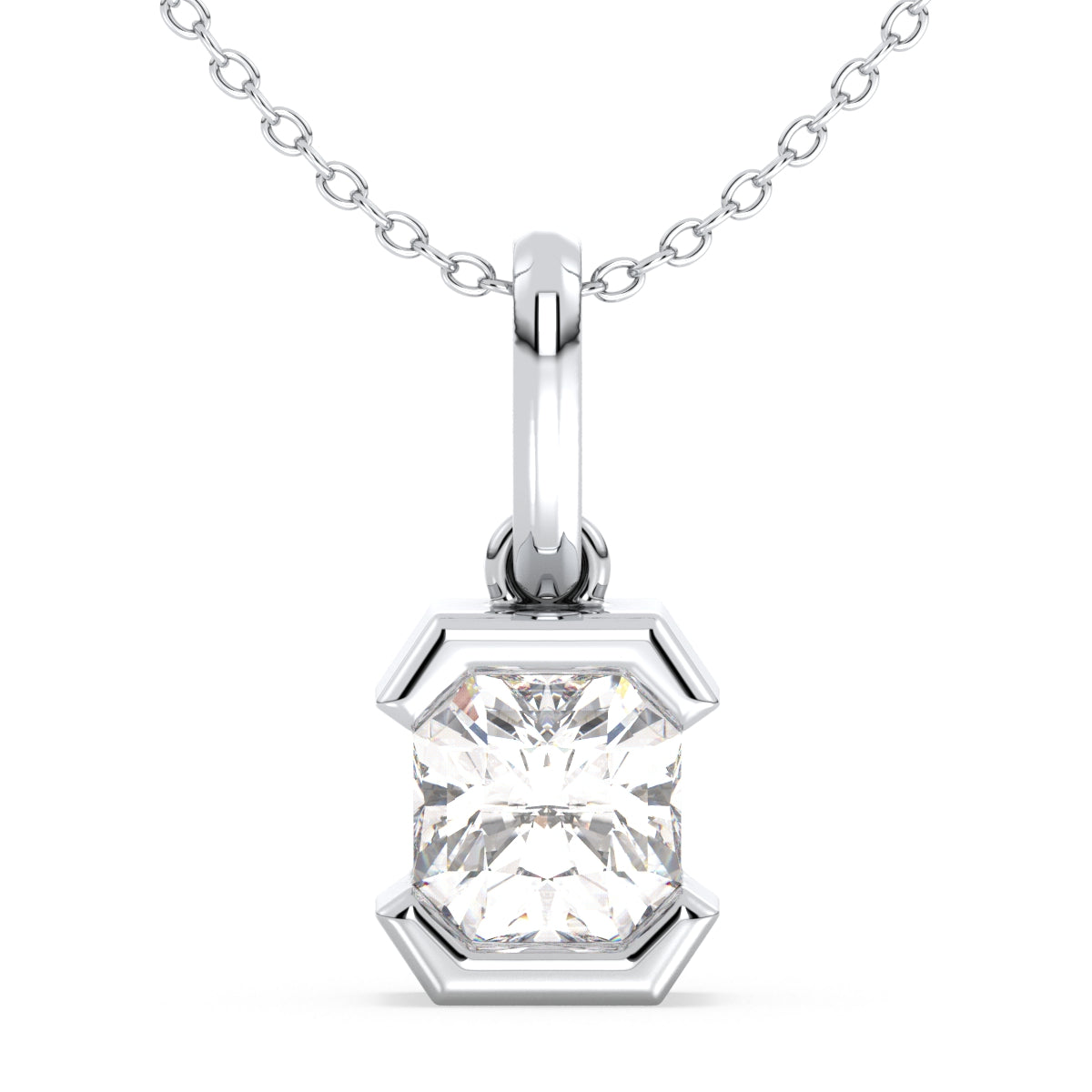 DAMAS HALF BEZEL SET RADIANT CUT LAB GROWN DIAMOND SOLITAIRE PENDANT, GOLD