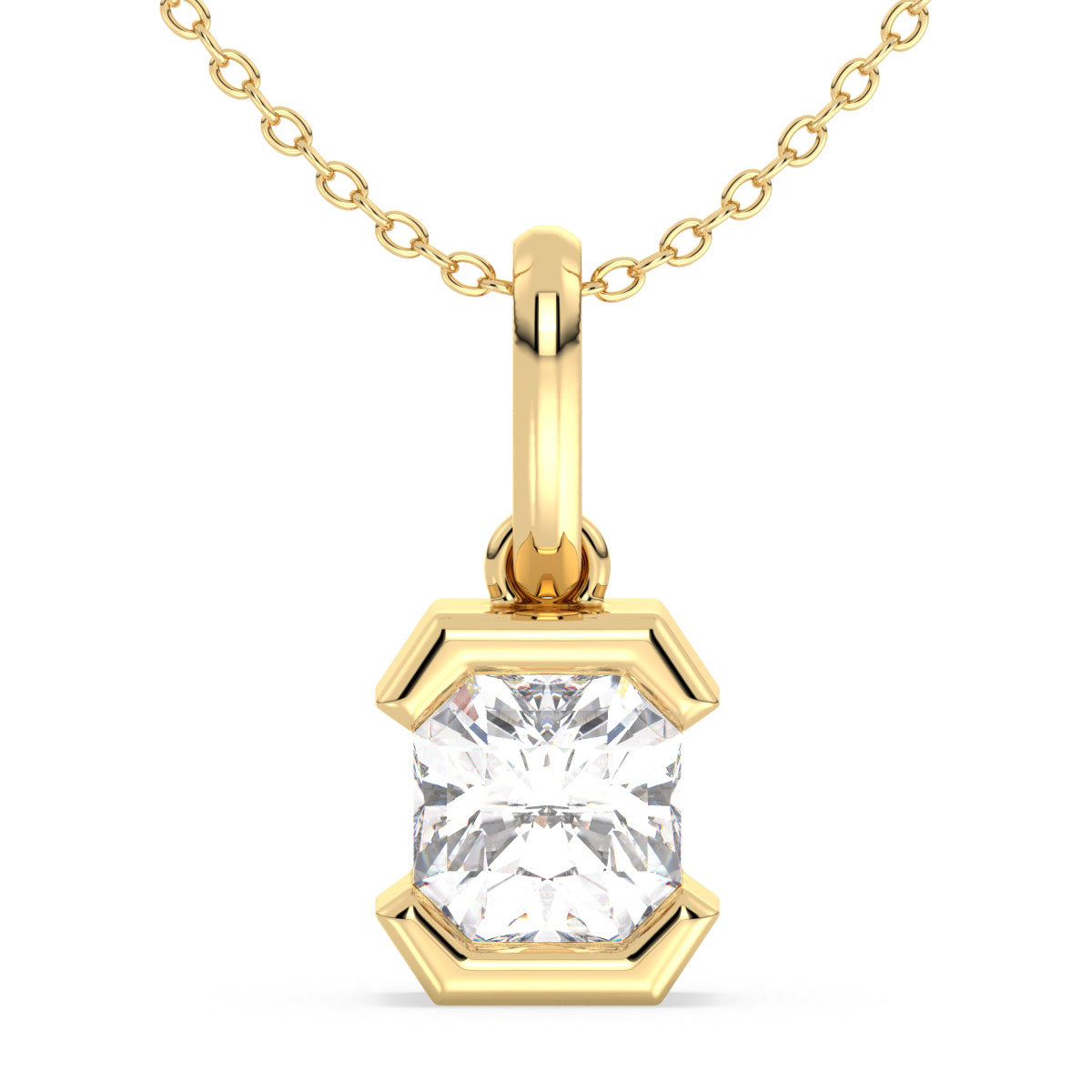 DAMAS HALF BEZEL SET RADIANT CUT LAB GROWN DIAMOND SOLITAIRE PENDANT, GOLD