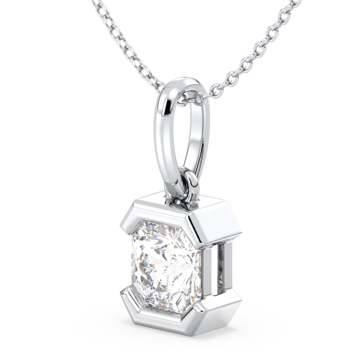 DAMAS HALF BEZEL SET RADIANT CUT LAB GROWN DIAMOND SOLITAIRE PENDANT, GOLD