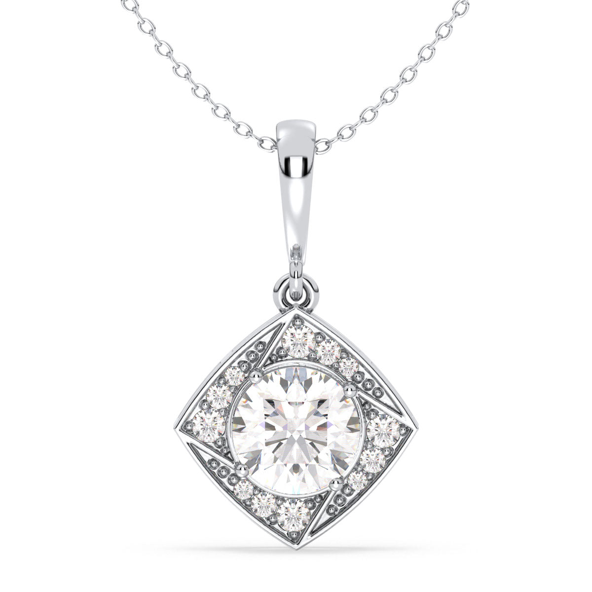 SOPHIA ROUND CUT LAB GROWN DIAMOND SOLITAIRE DIMENSIONAL SQUARE PENDANT WITH SIDE STONES, GOLD