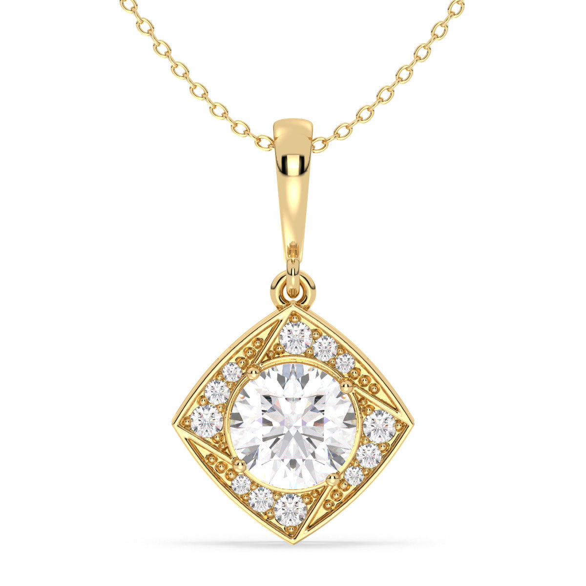 SOPHIA ROUND CUT LAB GROWN DIAMOND SOLITAIRE DIMENSIONAL SQUARE PENDANT WITH SIDE STONES, GOLD