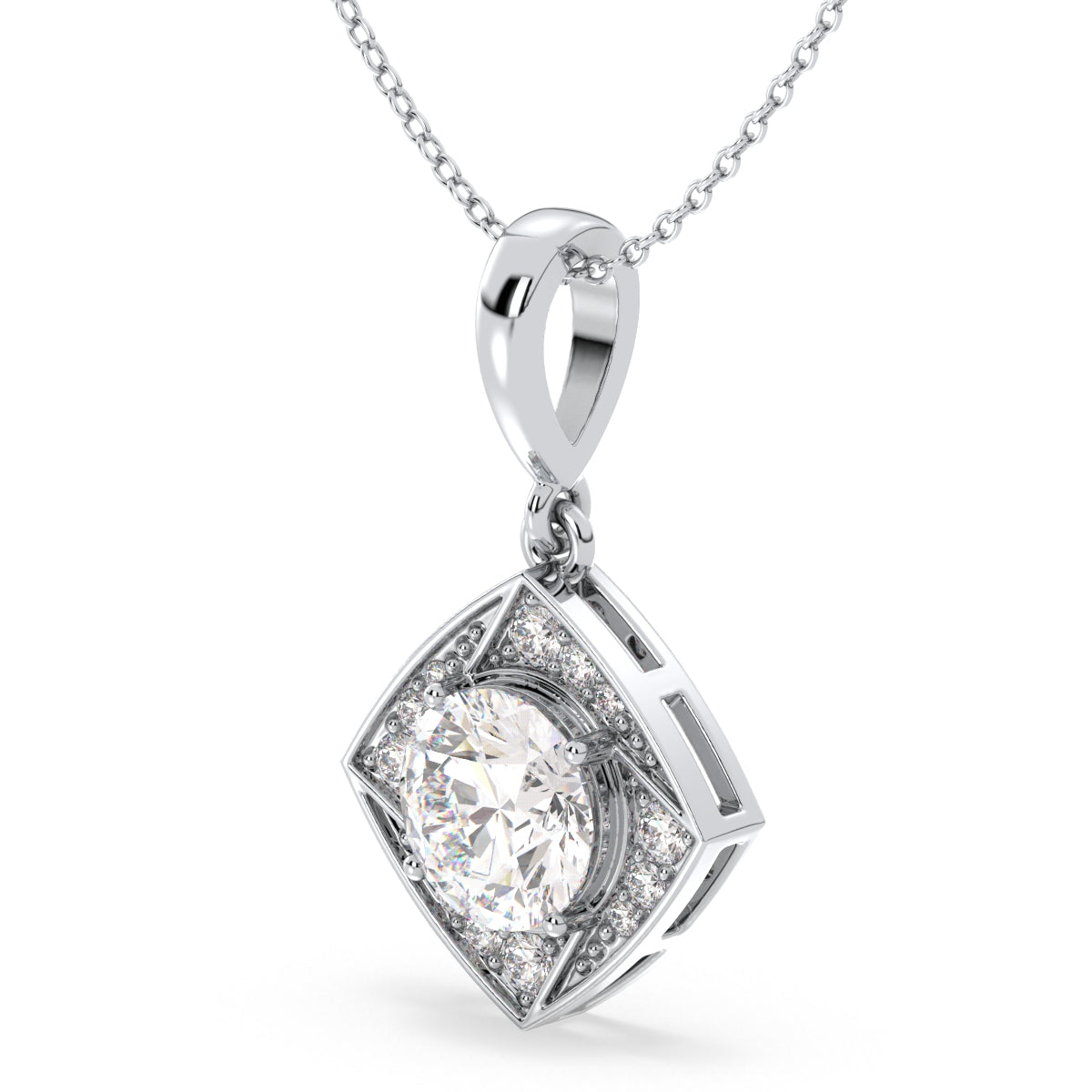 SOPHIA ROUND CUT LAB GROWN DIAMOND SOLITAIRE DIMENSIONAL SQUARE PENDANT WITH SIDE STONES, GOLD