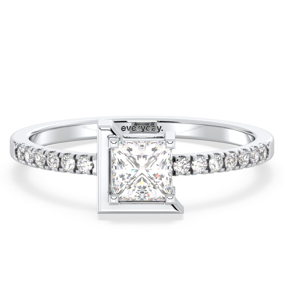 AZALEA HALF BEZEL SET PRINCESS CUT LAB GROWN DIAMOND SOLITAIRE ENGAGEMENT RING WITH SIDE STONES, GOLD