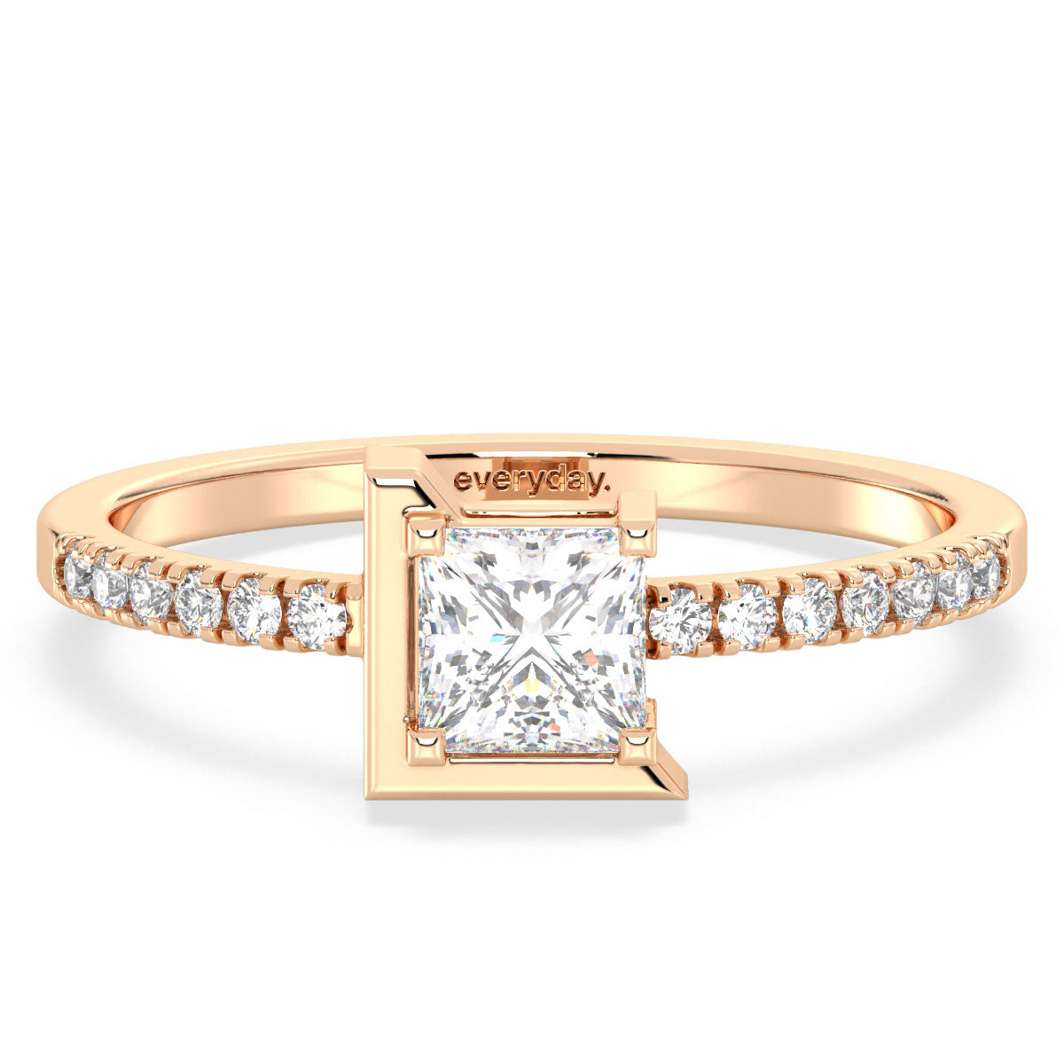 AZALEA HALF BEZEL SET PRINCESS CUT LAB GROWN DIAMOND SOLITAIRE ENGAGEMENT RING WITH SIDE STONES, GOLD