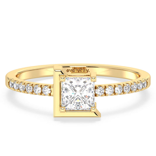 AZALEA HALF BEZEL SET PRINCESS CUT LAB GROWN DIAMOND SOLITAIRE ENGAGEMENT RING WITH SIDE STONES, GOLD