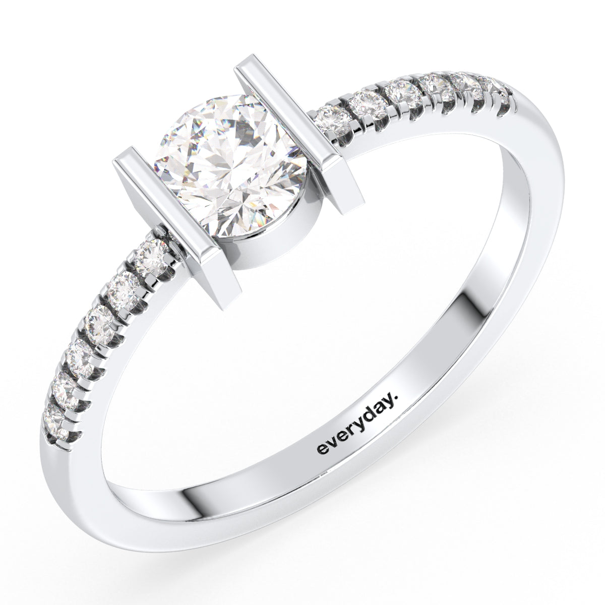 SOPHIA HALF BEZEL SET ROUND CUT LAB GROWN DIAMOND ELEGANT ENGAGEMENT RING WITH SIDE STONE, GOLD