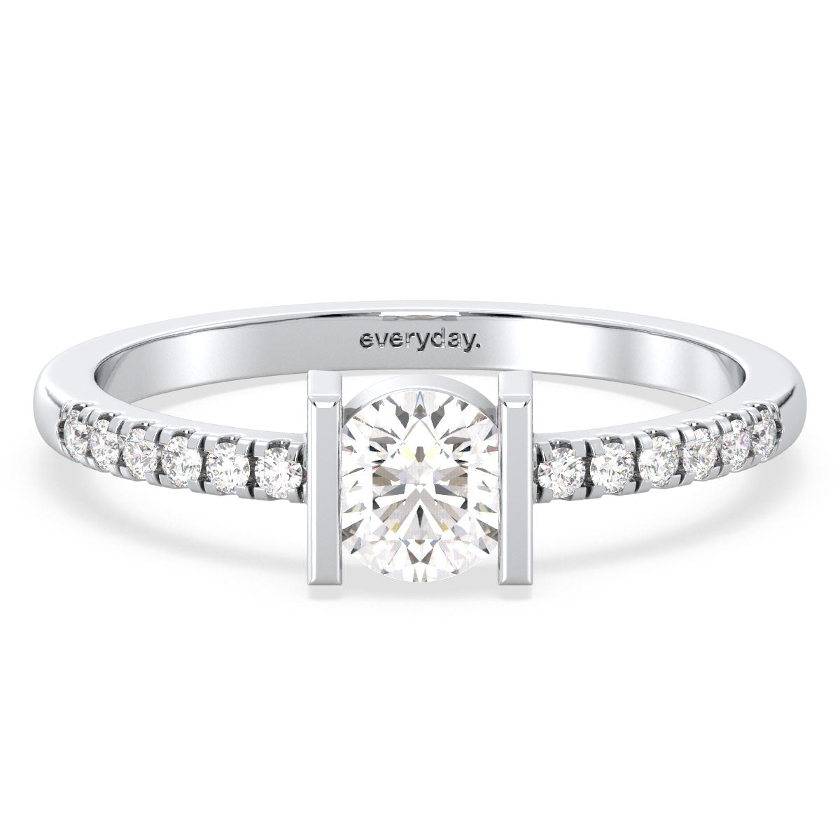 SOPHIA HALF BEZEL SET ROUND CUT LAB GROWN DIAMOND ELEGANT ENGAGEMENT RING WITH SIDE STONE, GOLD