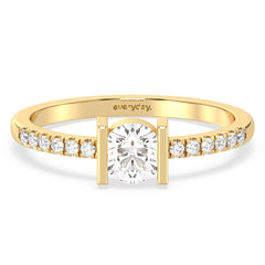 SOPHIA HALF BEZEL SET ROUND CUT LAB GROWN DIAMOND ELEGANT ENGAGEMENT RING WITH SIDE STONE, GOLD