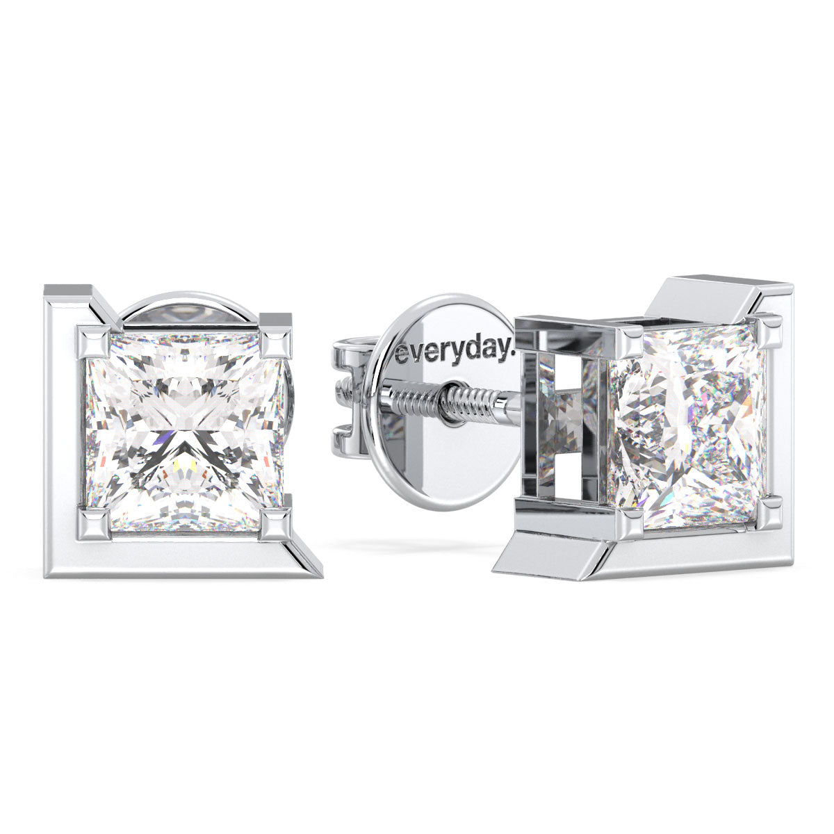 AZALEA HALF BEZEL SET PRINCESS CUT LAB GROWN DIAMOND SOLITAIRE EAR STUDS, GOLD