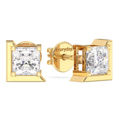 AZALEA HALF BEZEL SET PRINCESS CUT LAB GROWN DIAMOND SOLITAIRE EAR STUDS, GOLD