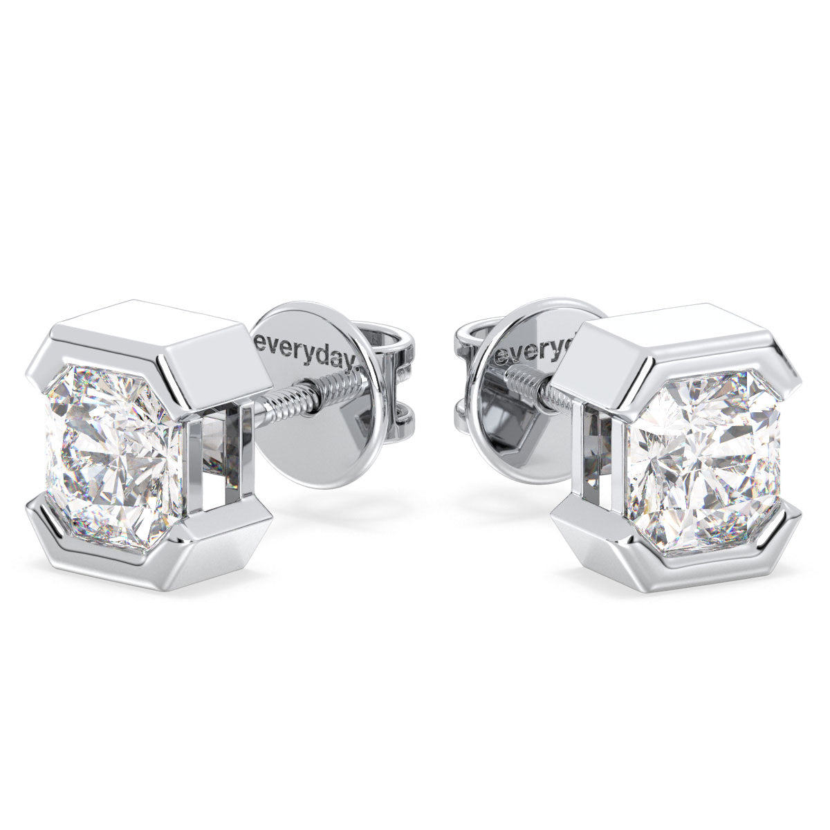 DAMAS HALF BEZEL SET RADIANT CUT LAB GROWN DIAMOND SOLITAIRE EAR STUDS, GOLD