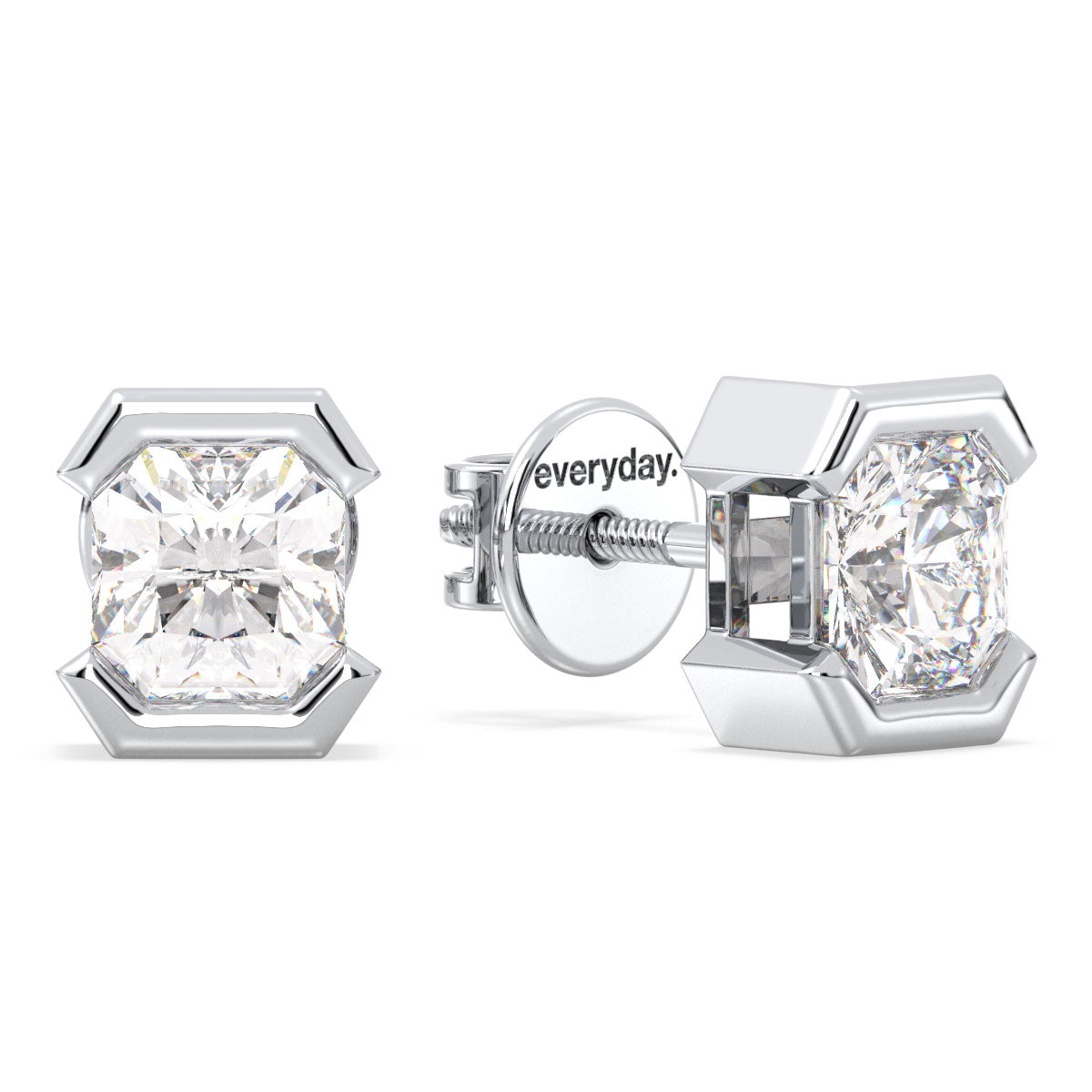 DAMAS HALF BEZEL SET RADIANT CUT LAB GROWN DIAMOND SOLITAIRE EAR STUDS, GOLD