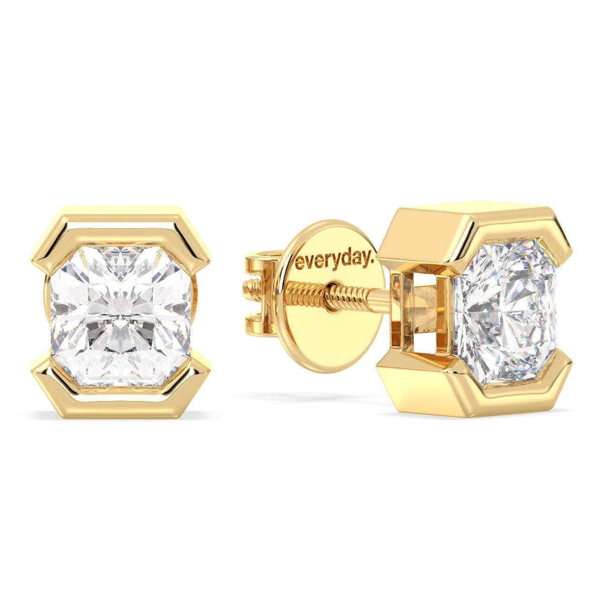 DAMAS HALF BEZEL SET RADIANT CUT LAB GROWN DIAMOND SOLITAIRE EAR STUDS, GOLD