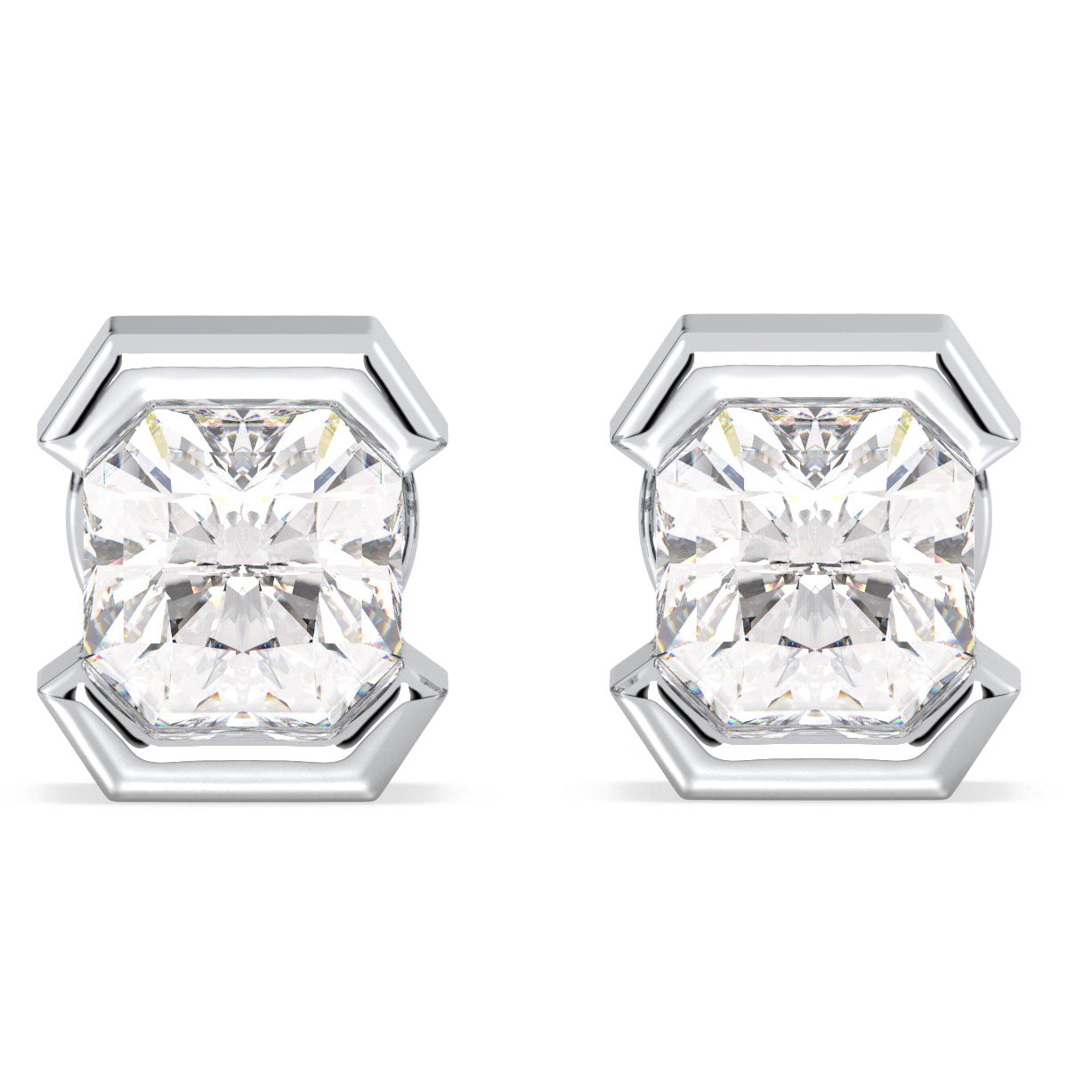 DAMAS HALF BEZEL SET RADIANT CUT LAB GROWN DIAMOND SOLITAIRE EAR STUDS, GOLD