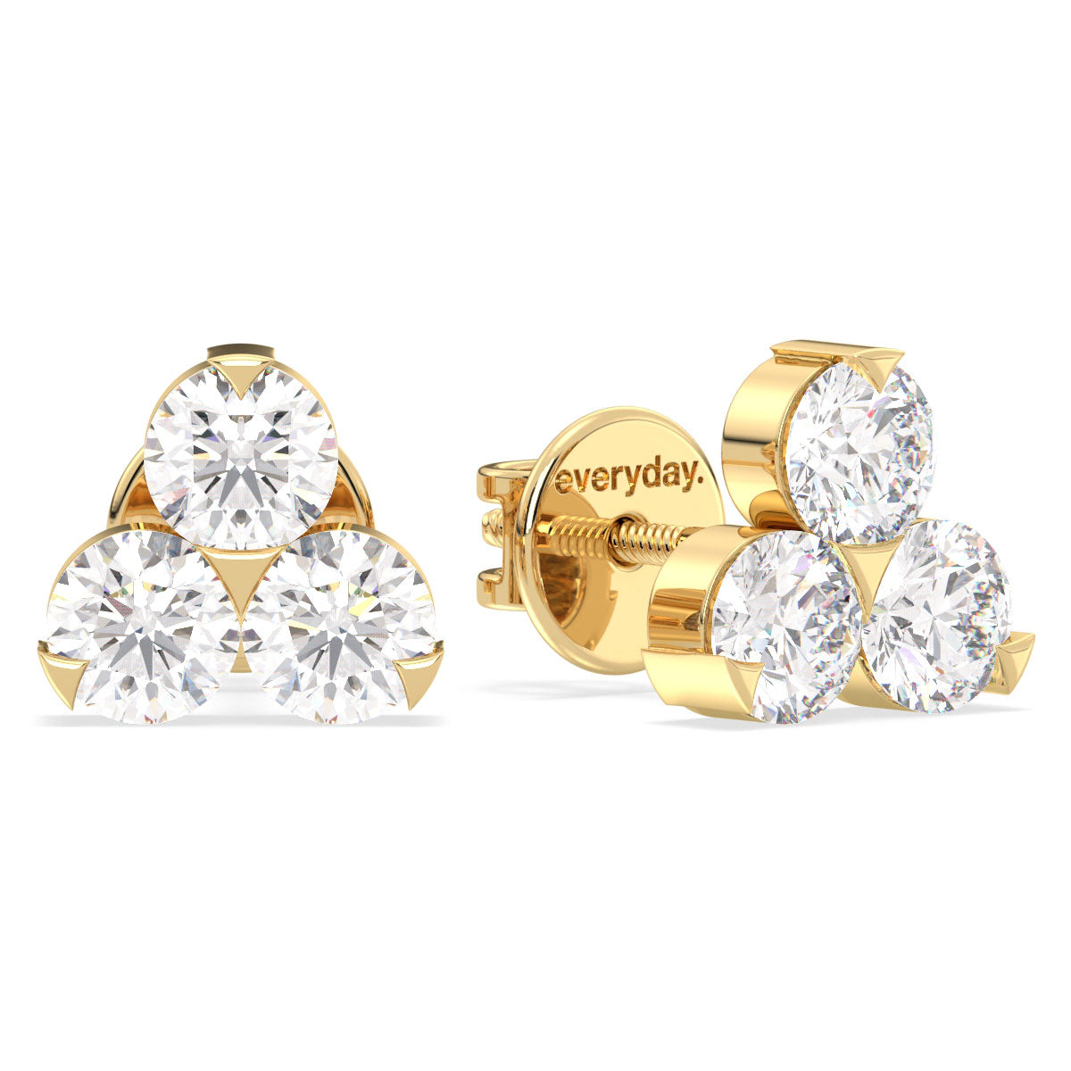 CLARETTE ROUND CUT THREE STONE LAB GROWN DIAMOND STUDS, GOLD