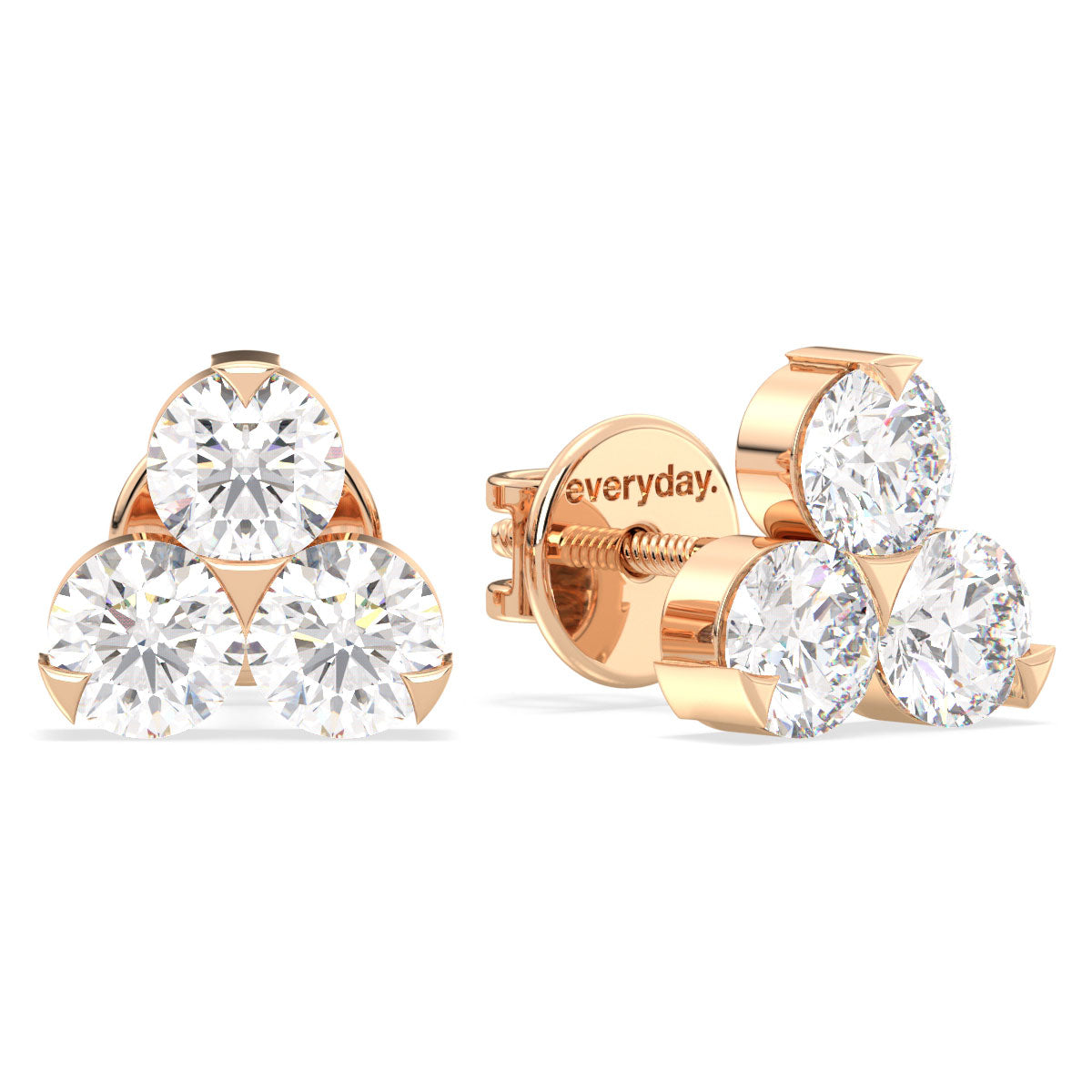 CLARETTE ROUND CUT THREE STONE LAB GROWN DIAMOND STUDS, GOLD