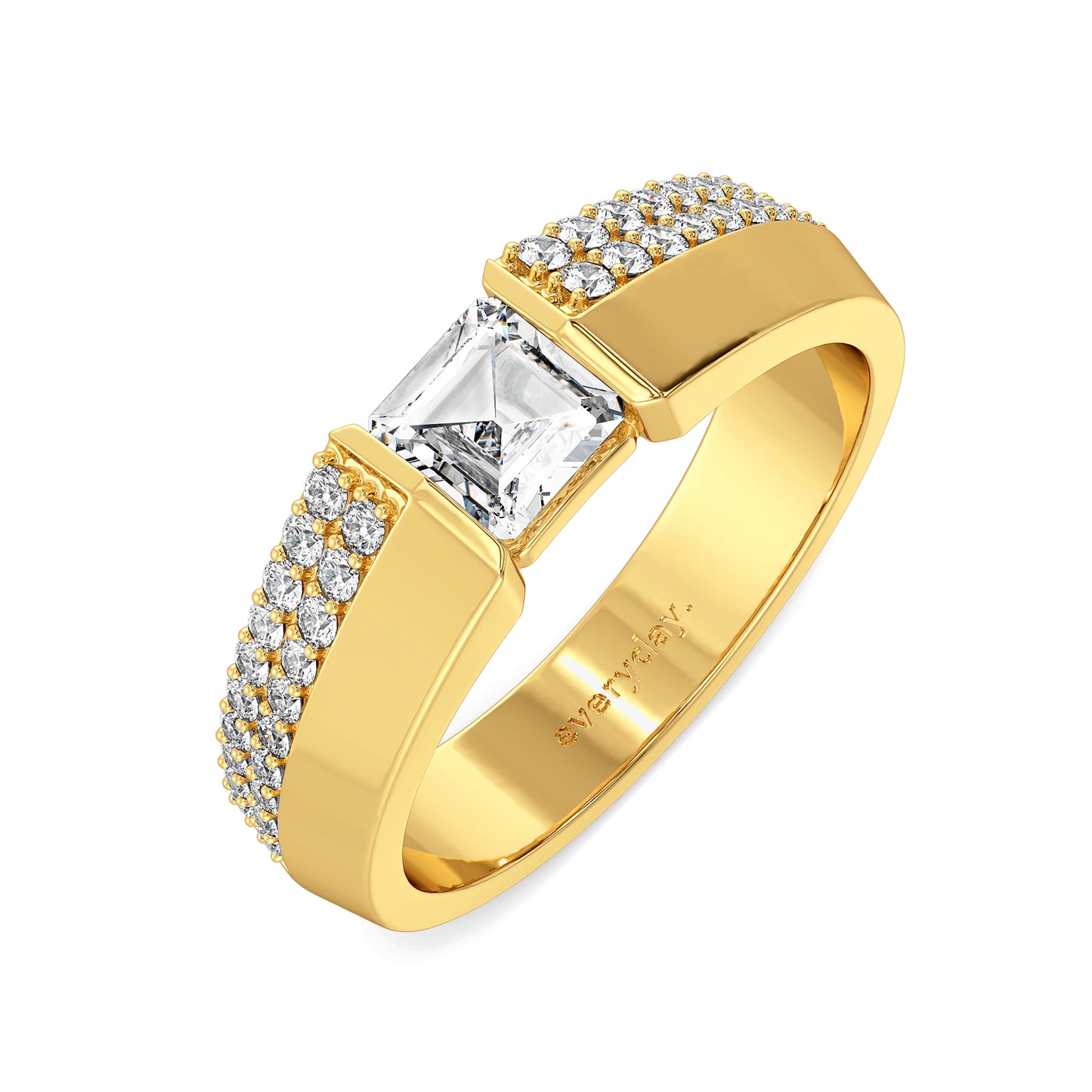 OLIVER CHANNEL SET PRINCESS CUT LAB GROWN DIAMOND SOLITAIRE MEN'S ENGAGEMENT RING WITH A STUDDED SHANK, GOLD