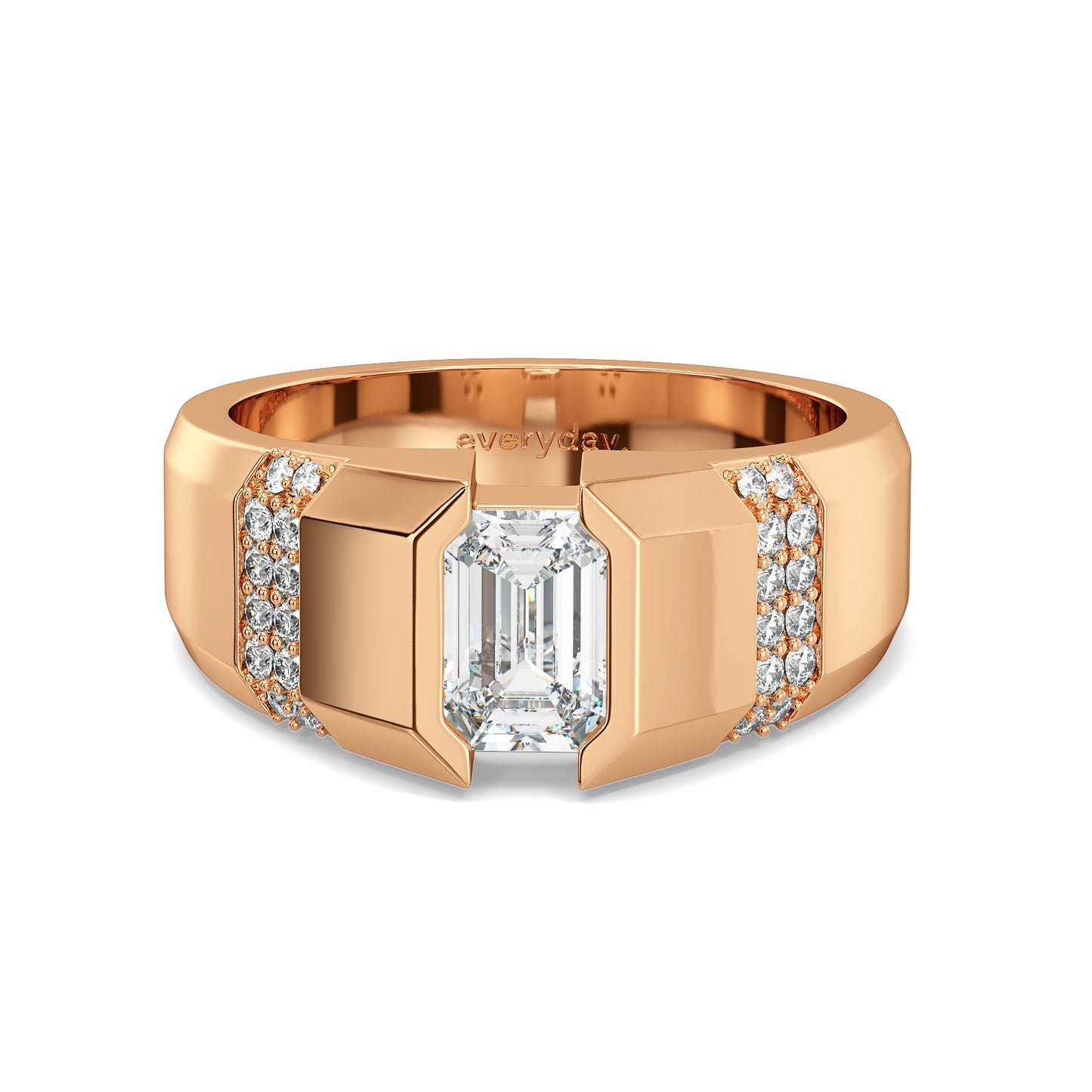 AMBROSE CHANNEL SET EMERALD CUT LAB GROWN DIAMOND SOLITAIRE ENGAGEMENT RING WITH STUDDED STRIPES, GOLD