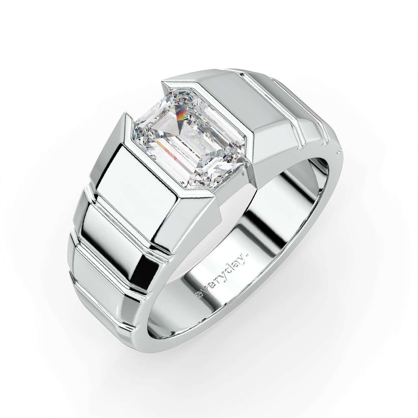 AMBROSE CHANNEL SET EMERALD CUT LAB GROWN DIAMOND SOLITAIRE ENGAGEMENT RING WITH TEXTURED SHANK, GOLD