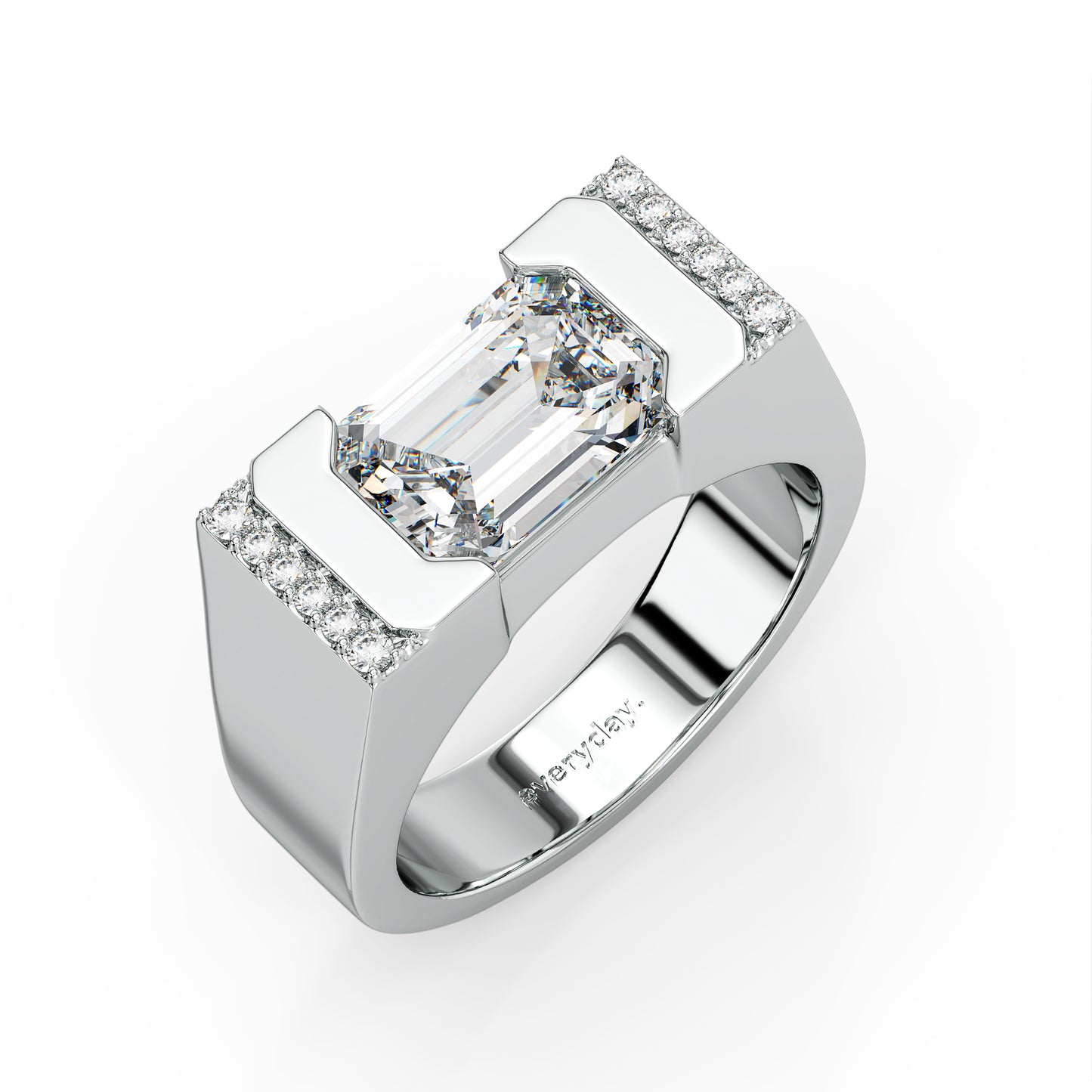 AMBROSE CHANNEL SET EMERALD CUT LAB GROWN DIAMOND SOLITAIRE SIGNET ENGAGEMENT RING, GOLD