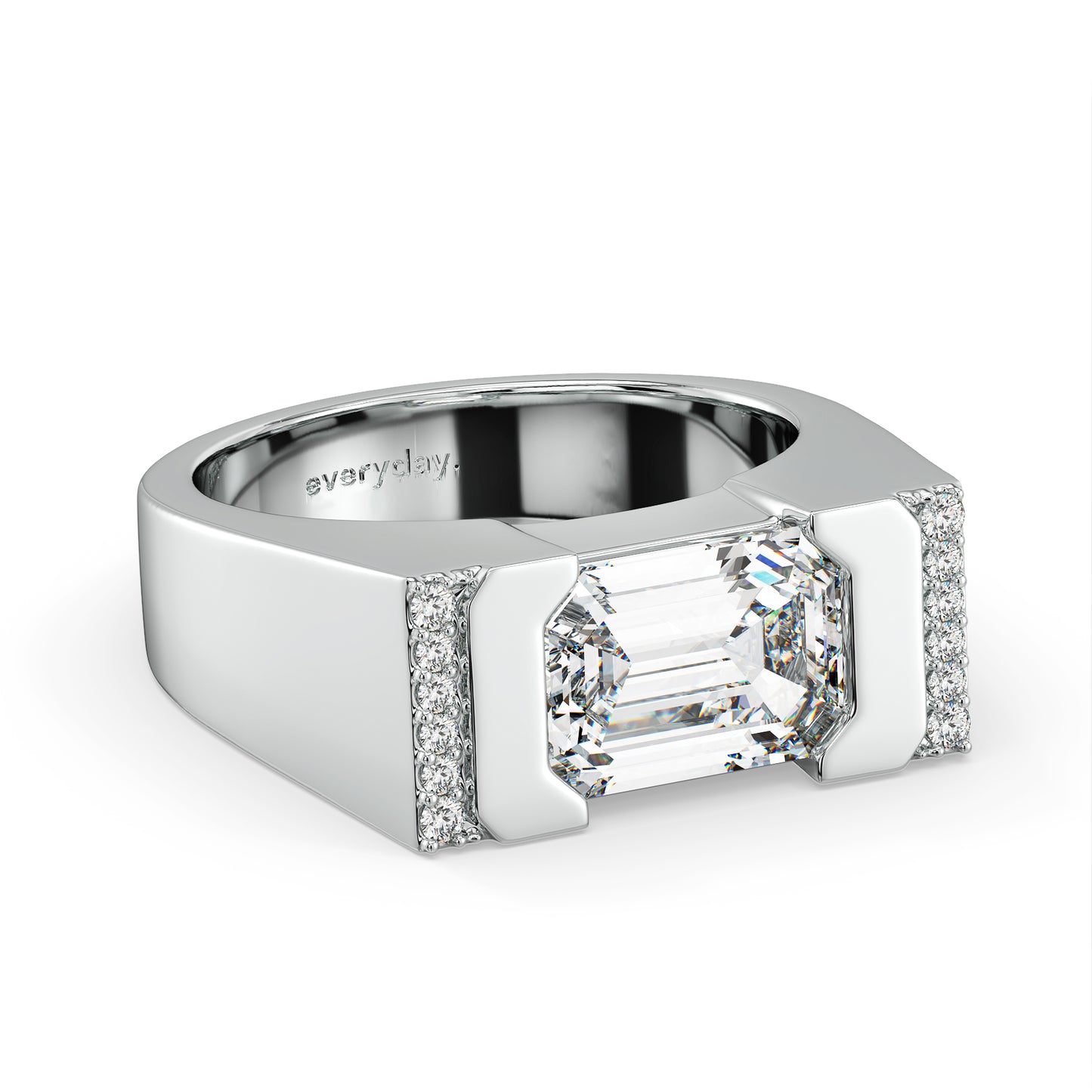 AMBROSE CHANNEL SET EMERALD CUT LAB GROWN DIAMOND SOLITAIRE SIGNET ENGAGEMENT RING, GOLD