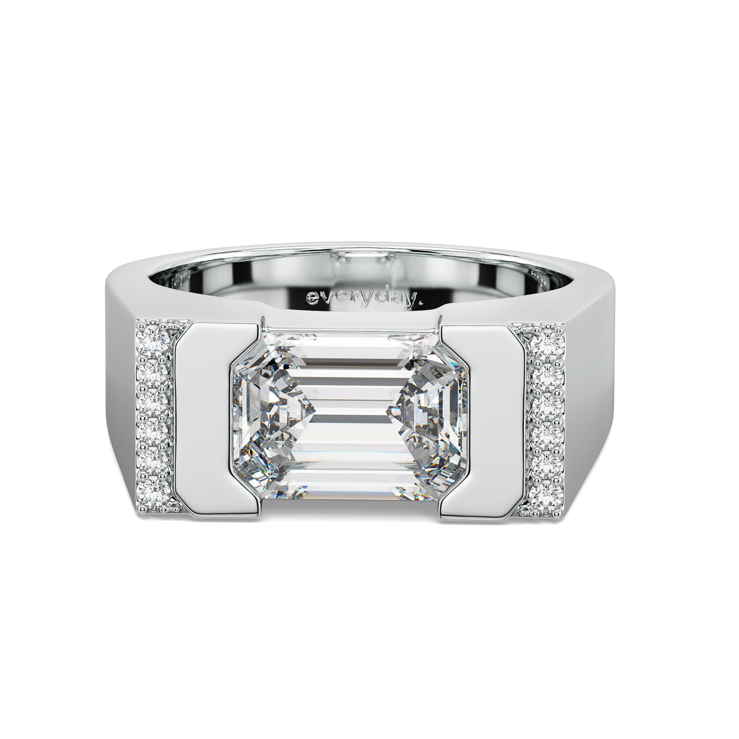 AMBROSE CHANNEL SET EMERALD CUT LAB GROWN DIAMOND SOLITAIRE SIGNET ENGAGEMENT RING, GOLD