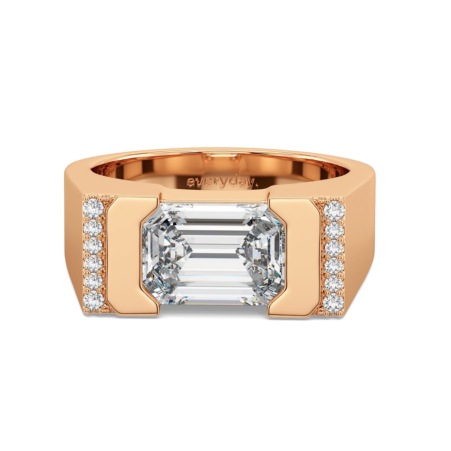 AMBROSE CHANNEL SET EMERALD CUT LAB GROWN DIAMOND SOLITAIRE SIGNET ENGAGEMENT RING, GOLD