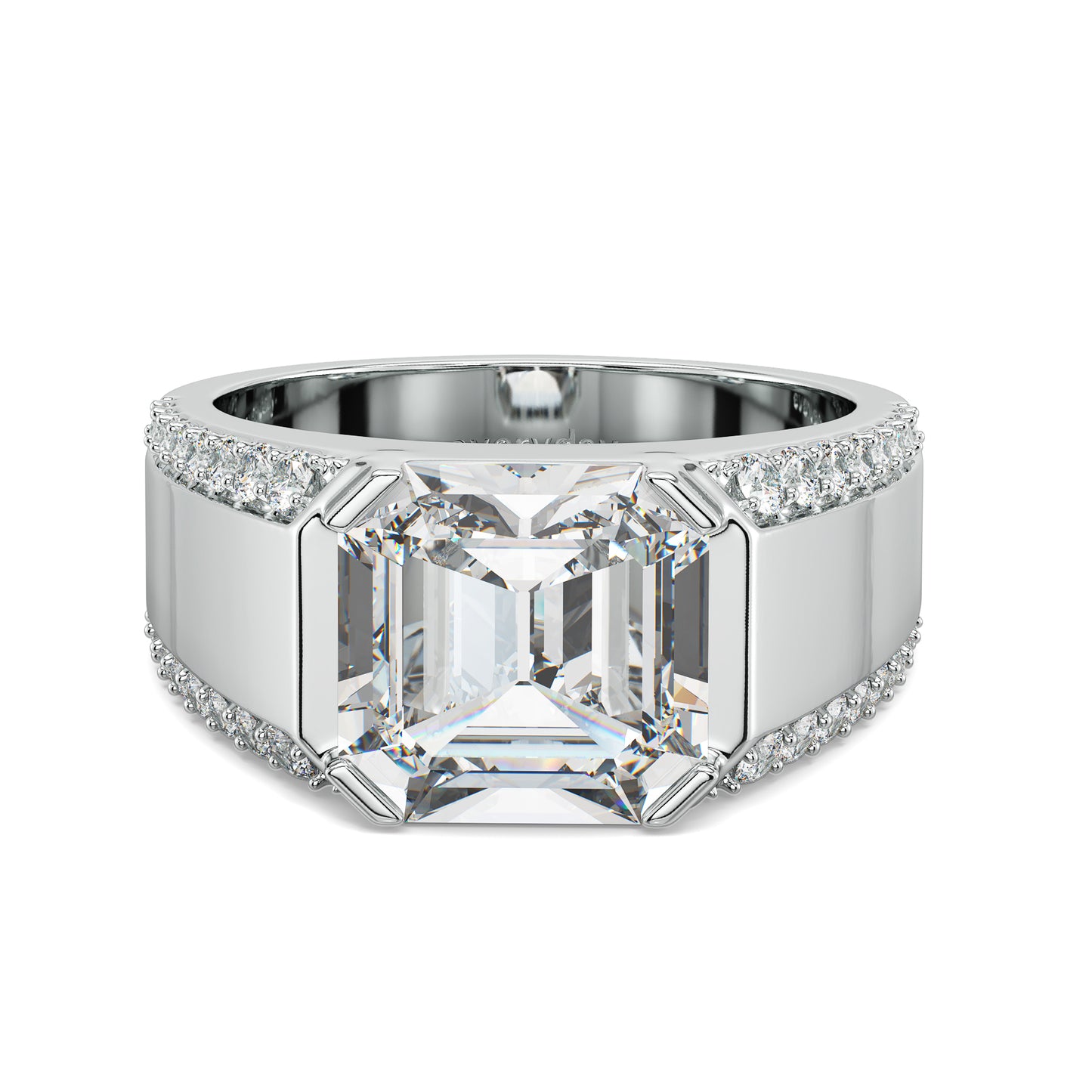 FRANCIS ASSCHER CUT LAB GROWN DIAMOND SOLITAIRE MEN'S ENGAGEMENT RING WITH STUDDED OUTLINES, GOLD