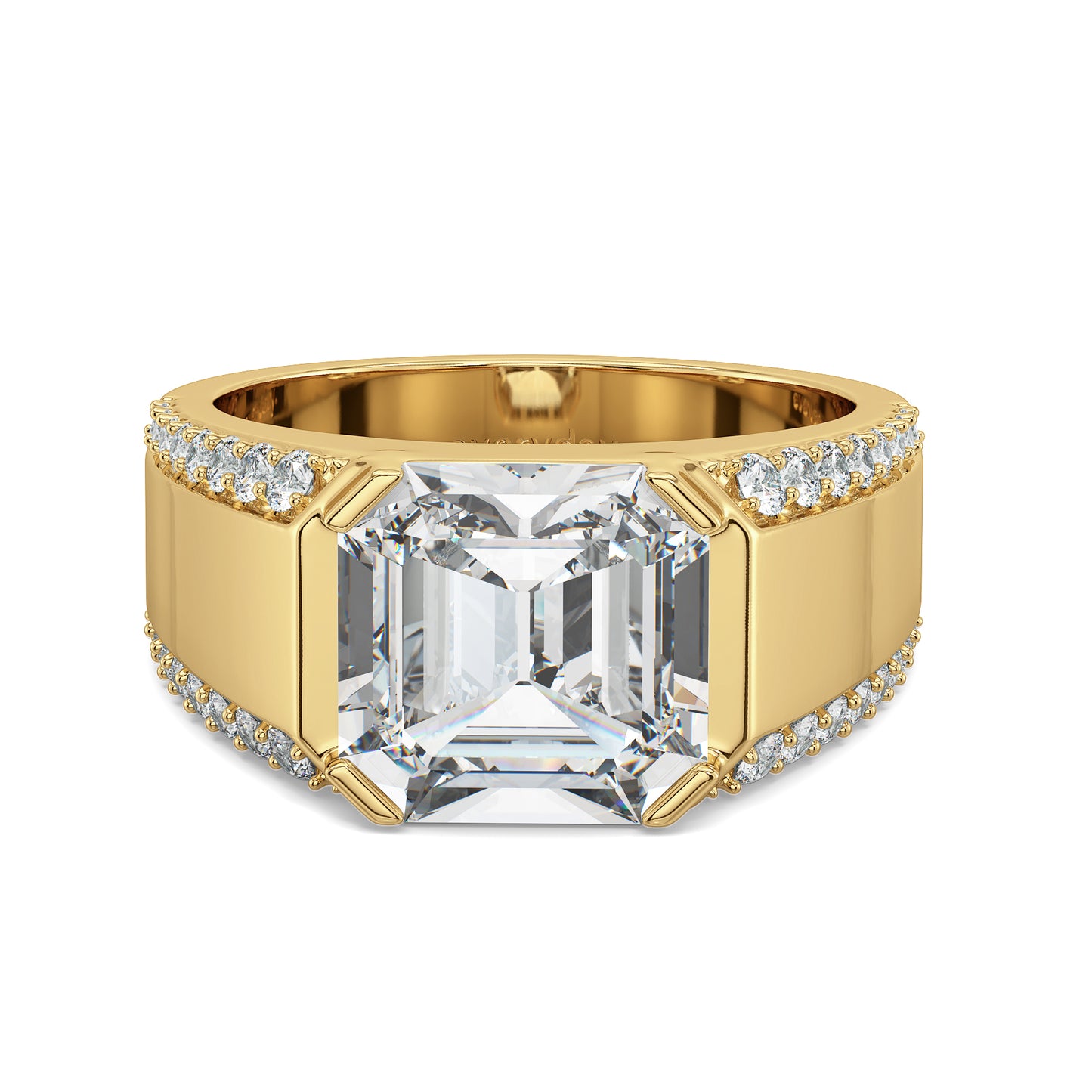 FRANCIS ASSCHER CUT LAB GROWN DIAMOND SOLITAIRE MEN'S ENGAGEMENT RING WITH STUDDED OUTLINES, GOLD