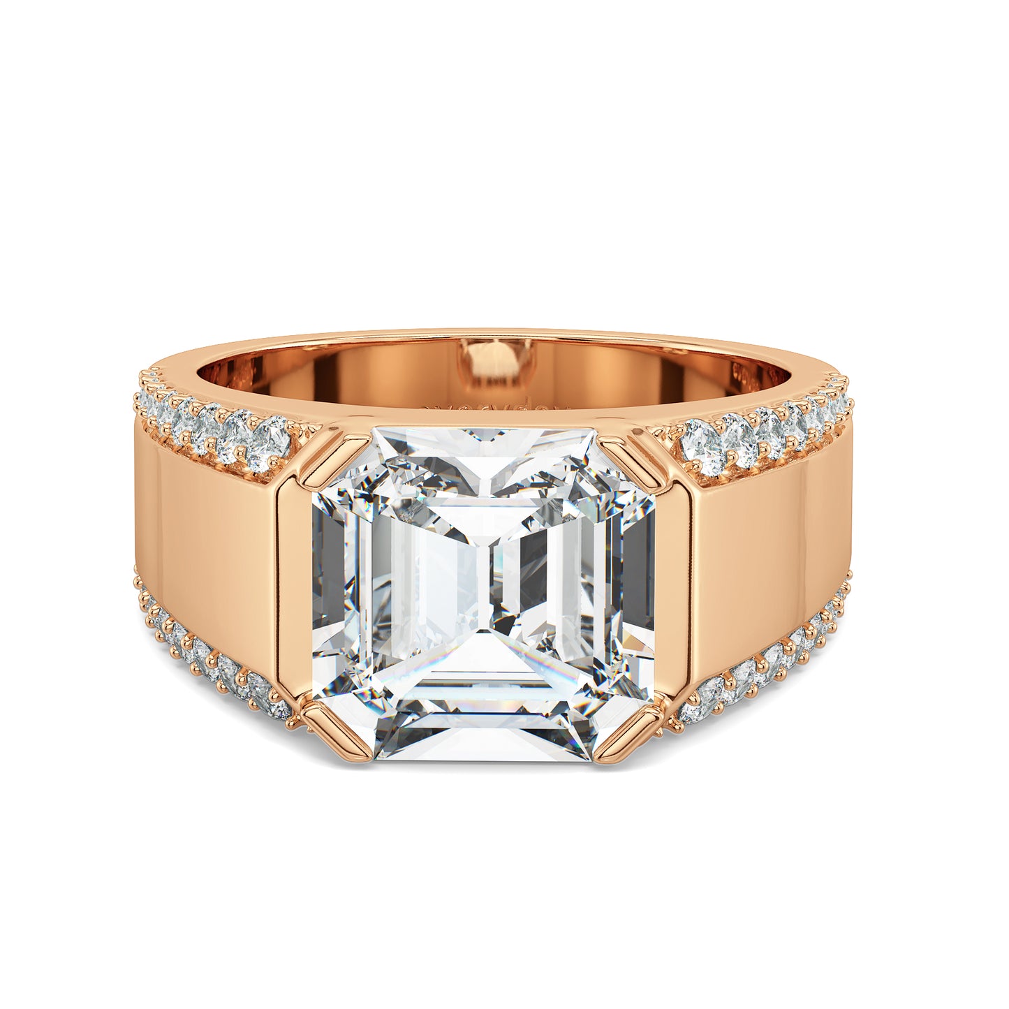 FRANCIS ASSCHER CUT LAB GROWN DIAMOND SOLITAIRE MEN'S ENGAGEMENT RING WITH STUDDED OUTLINES, GOLD