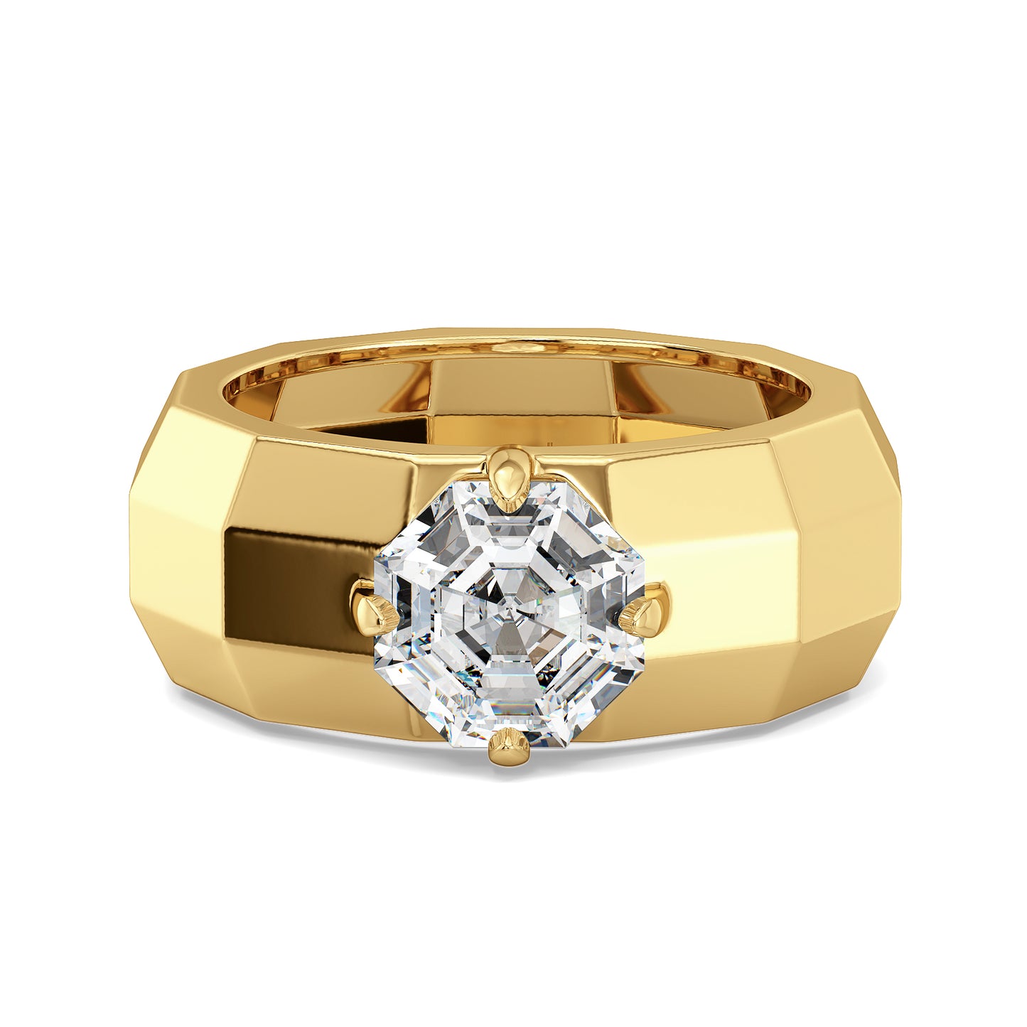 FRANCIS ASSCHER CUT LAB GROWN DIAMOND SOLITAIRE MULTI-DIMENSIONAL MEN'S RING, GOLD