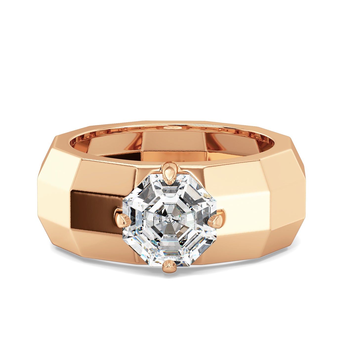 FRANCIS ASSCHER CUT LAB GROWN DIAMOND SOLITAIRE MULTI-DIMENSIONAL MEN'S RING, GOLD