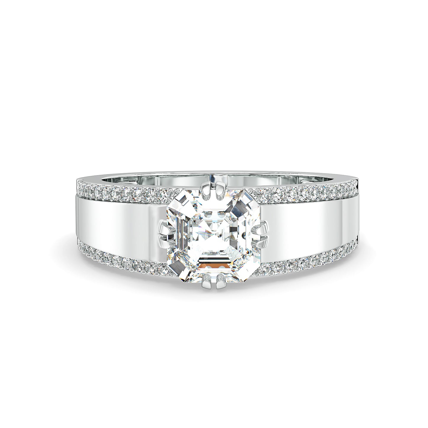 FRANCIS ASSCHER CUT LAB GROWN DIAMOND SOLITAIRE ENGAGEMENT RING WITH STUDDED DIAMONDS, GOLD