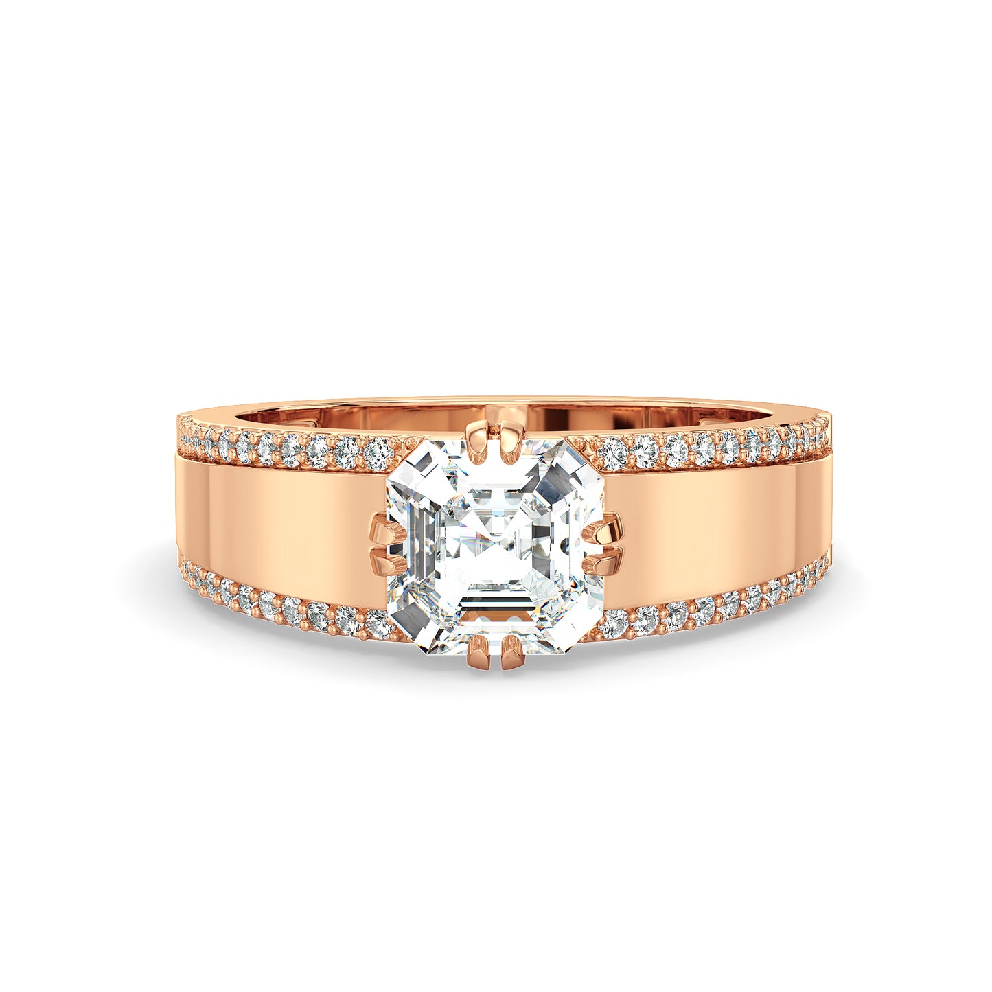 FRANCIS ASSCHER CUT LAB GROWN DIAMOND SOLITAIRE ENGAGEMENT RING WITH STUDDED DIAMONDS, GOLD