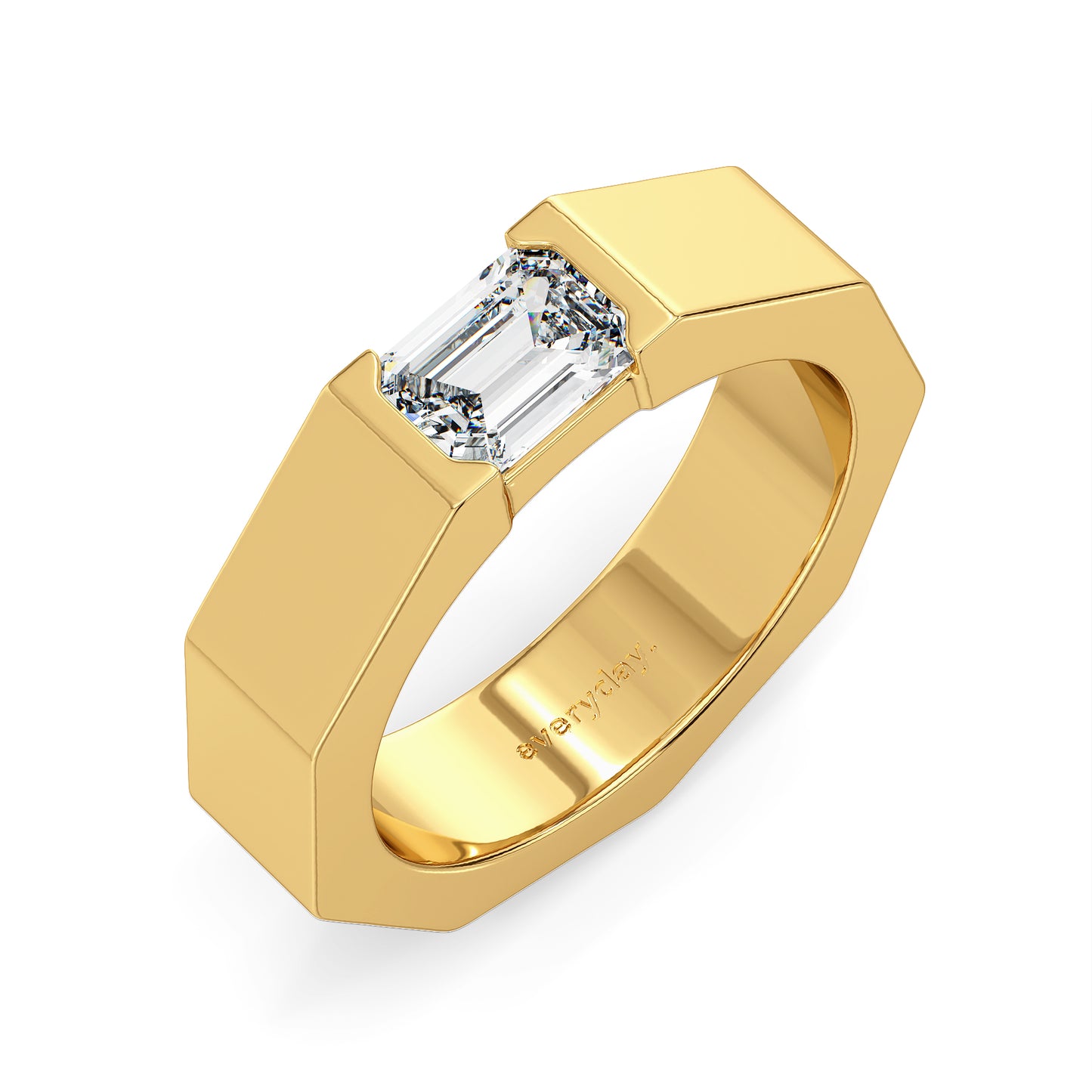 AMBROSE EMERALD CUT HALF BEZEL SET LAB GROWN DIAMOND SOLITAIRE WEDDING BAND, GOLD