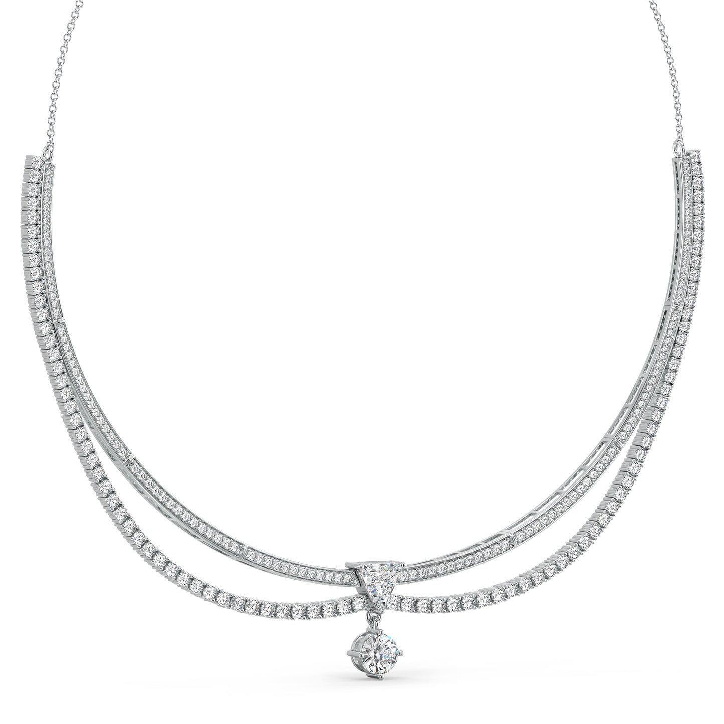 IRIS TRILLION CUT LAB GROWN DIAMOND SOLITAIRE AND STUDDED STATEMENT ELEGANT NECKLACE, GOLD