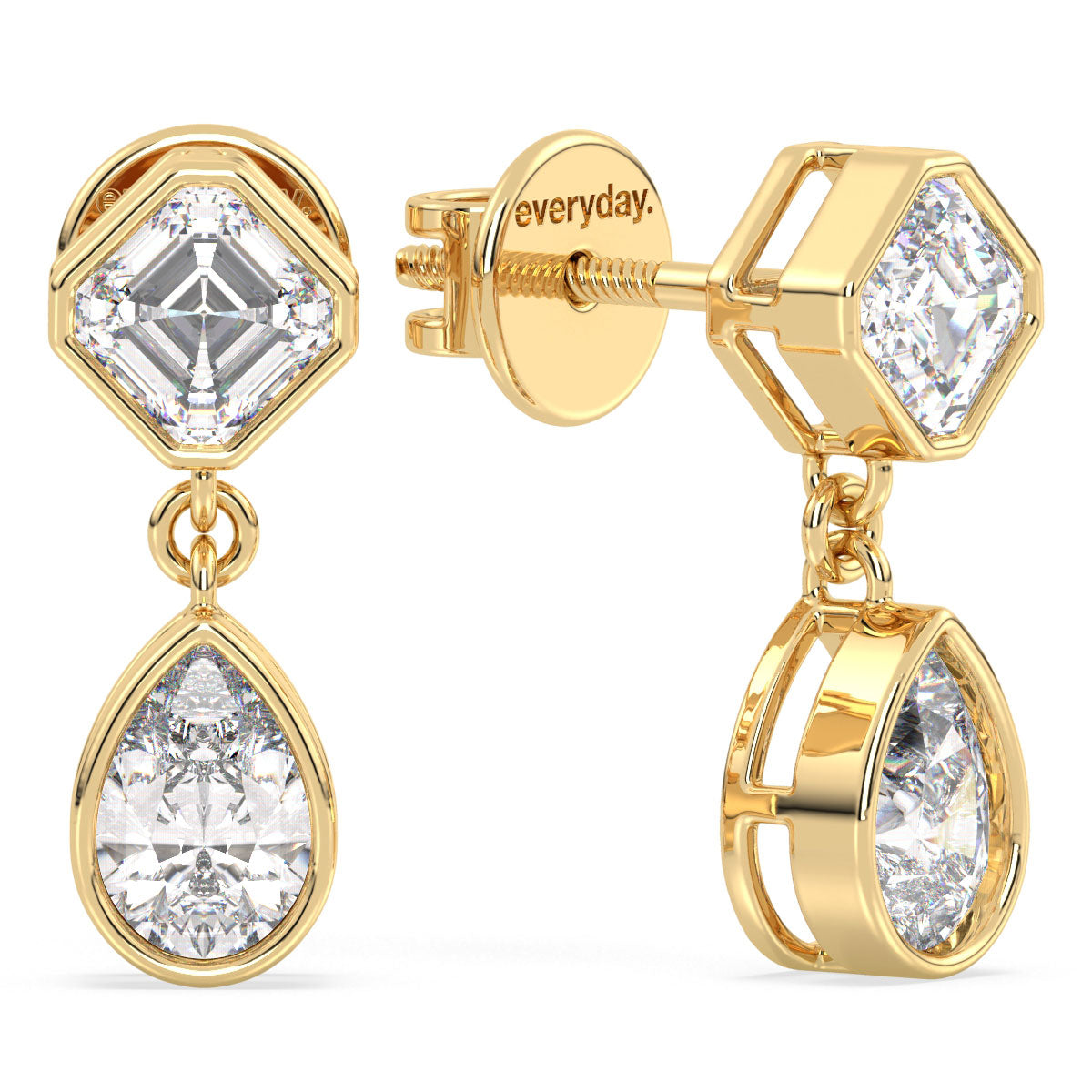 LILY BEZEL SET ASCHER AND PEAR CUT LAB GROWN DIAMOND ELEGANT DROPS, GOLD