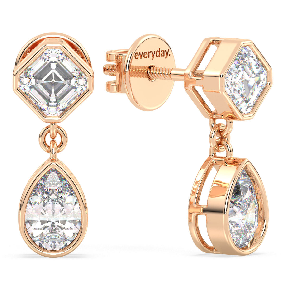 LILY BEZEL SET ASCHER AND PEAR CUT LAB GROWN DIAMOND ELEGANT DROPS, GOLD