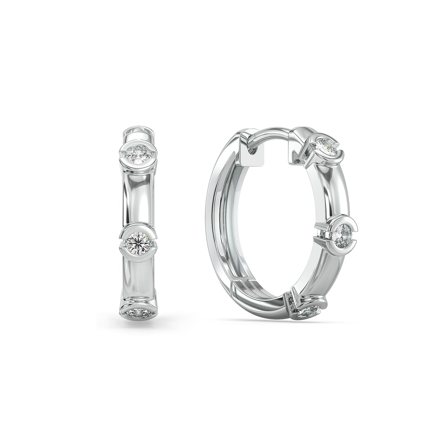 SOPHIA HALF BEZEL SET ROUND CUT LAB GROWN DIAMOND HOOPS, GOLD