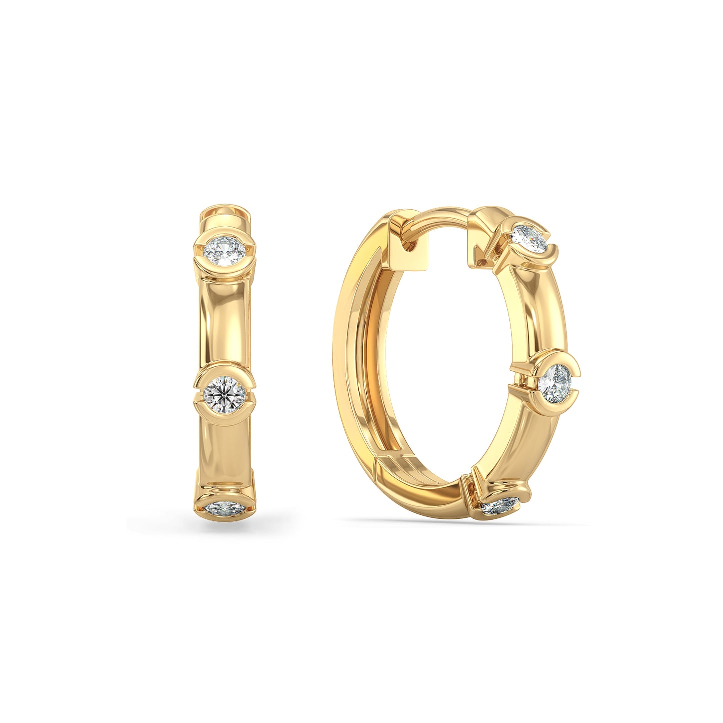 SOPHIA HALF BEZEL SET ROUND CUT LAB GROWN DIAMOND HOOPS, GOLD