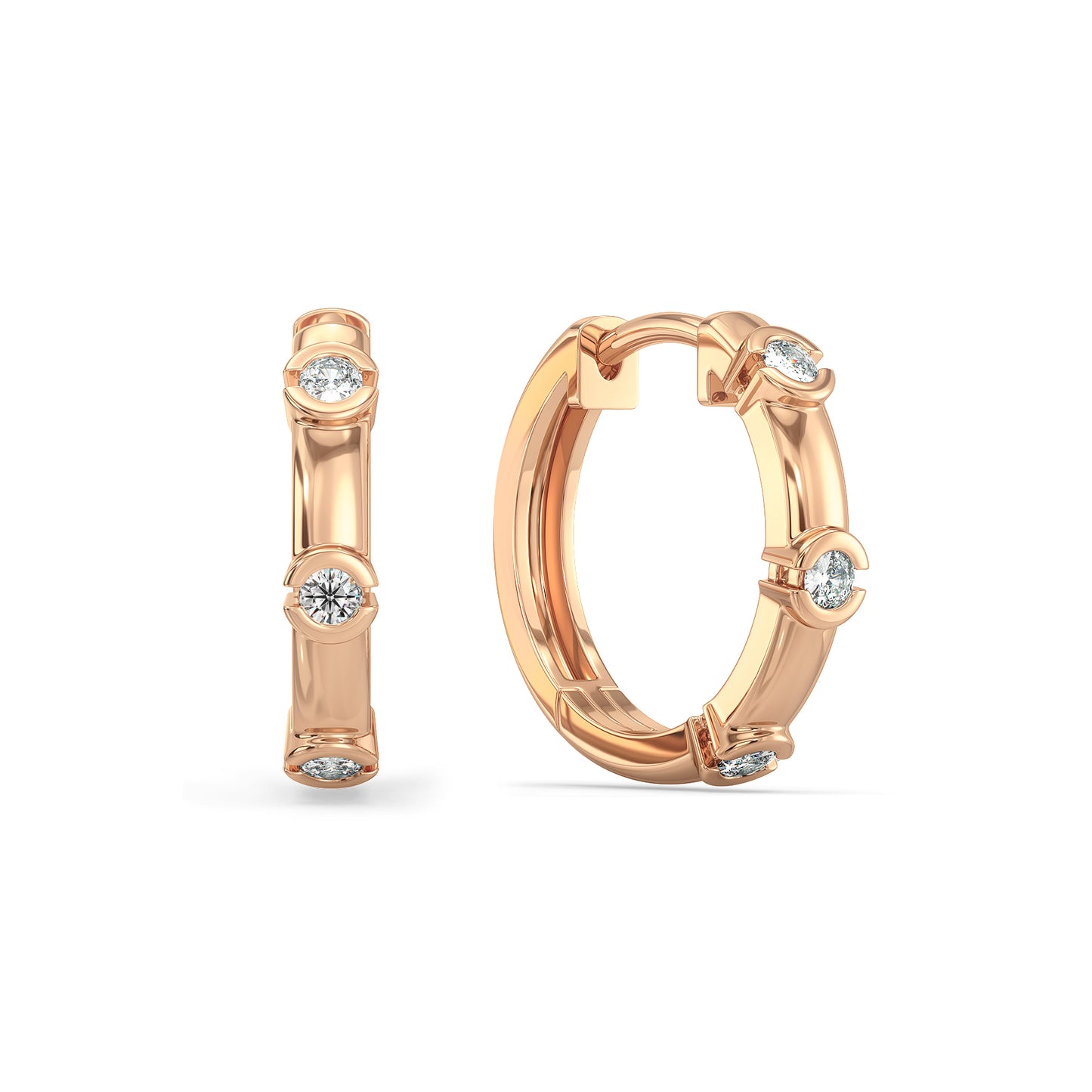 SOPHIA HALF BEZEL SET ROUND CUT LAB GROWN DIAMOND HOOPS, GOLD