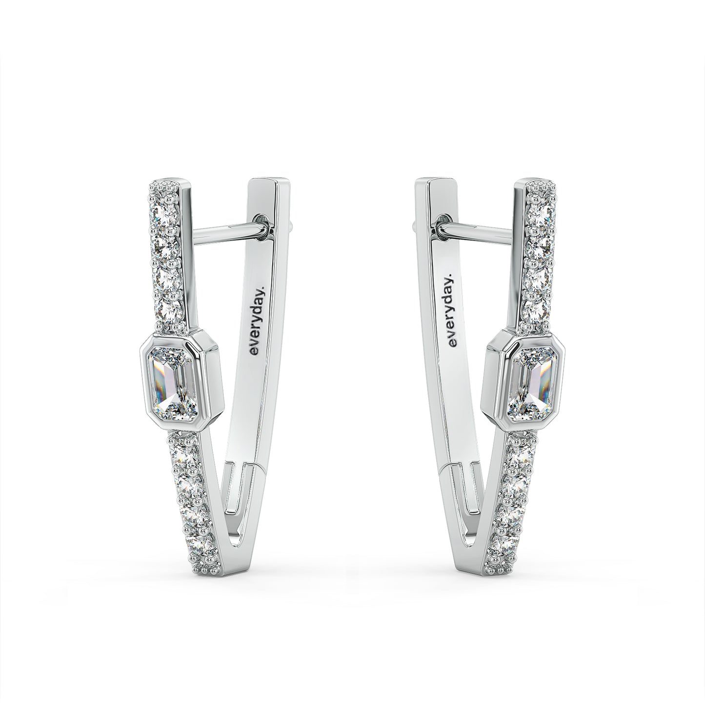 KATE BEZEL SET EMERALD CUT LAB GROWN DIAMOND STUDDED HUGGIES, GOLD