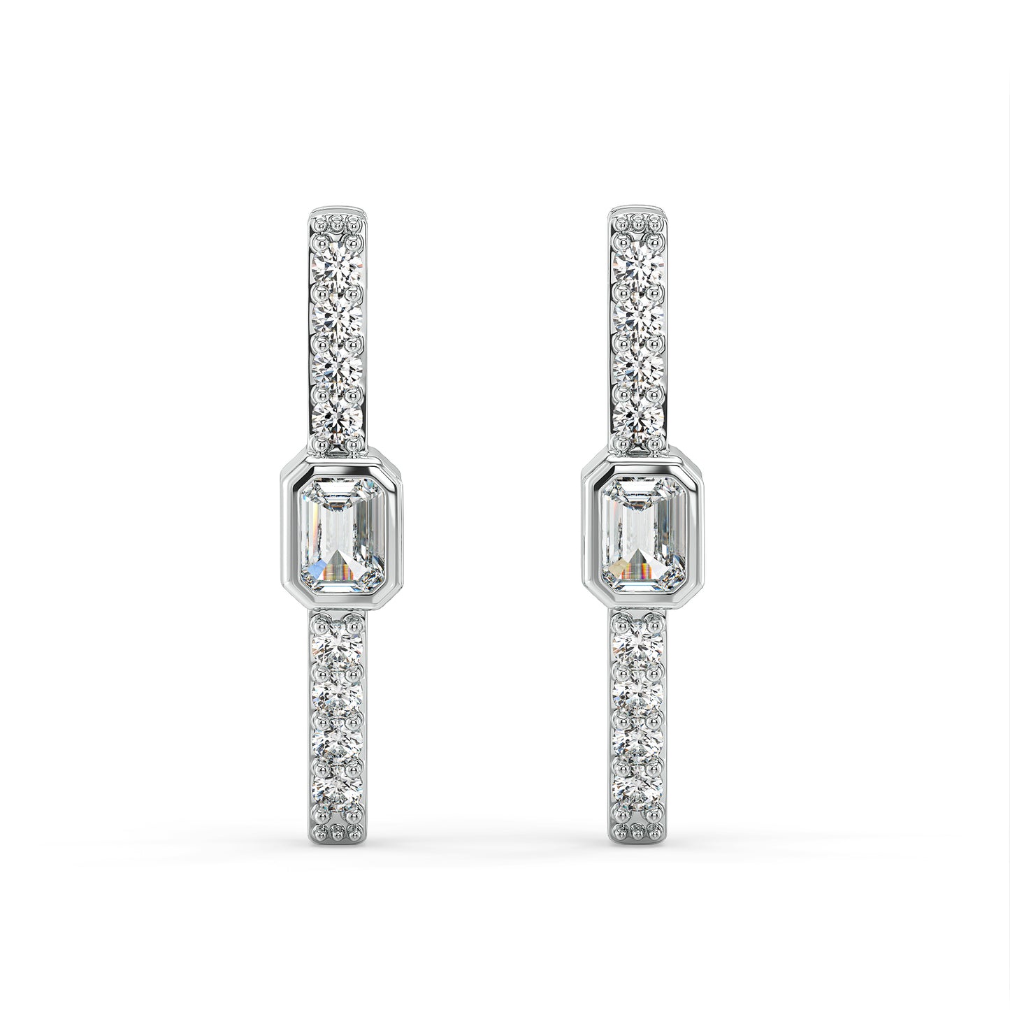 KATE BEZEL SET EMERALD CUT LAB GROWN DIAMOND STUDDED HUGGIES, GOLD