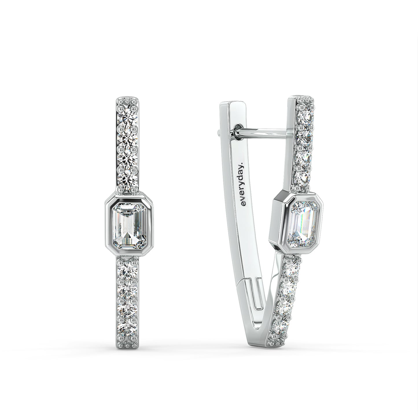 KATE BEZEL SET EMERALD CUT LAB GROWN DIAMOND STUDDED HUGGIES, GOLD