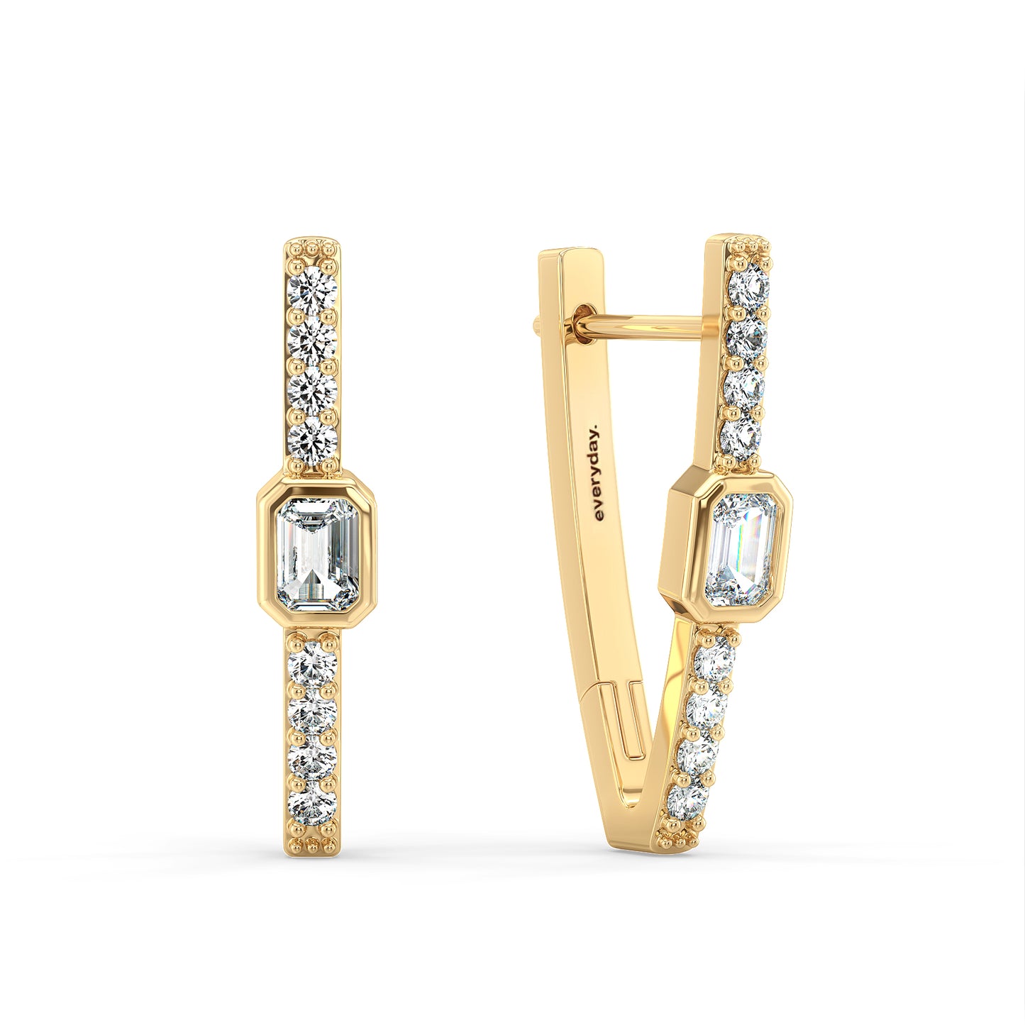 KATE BEZEL SET EMERALD CUT LAB GROWN DIAMOND STUDDED HUGGIES, GOLD